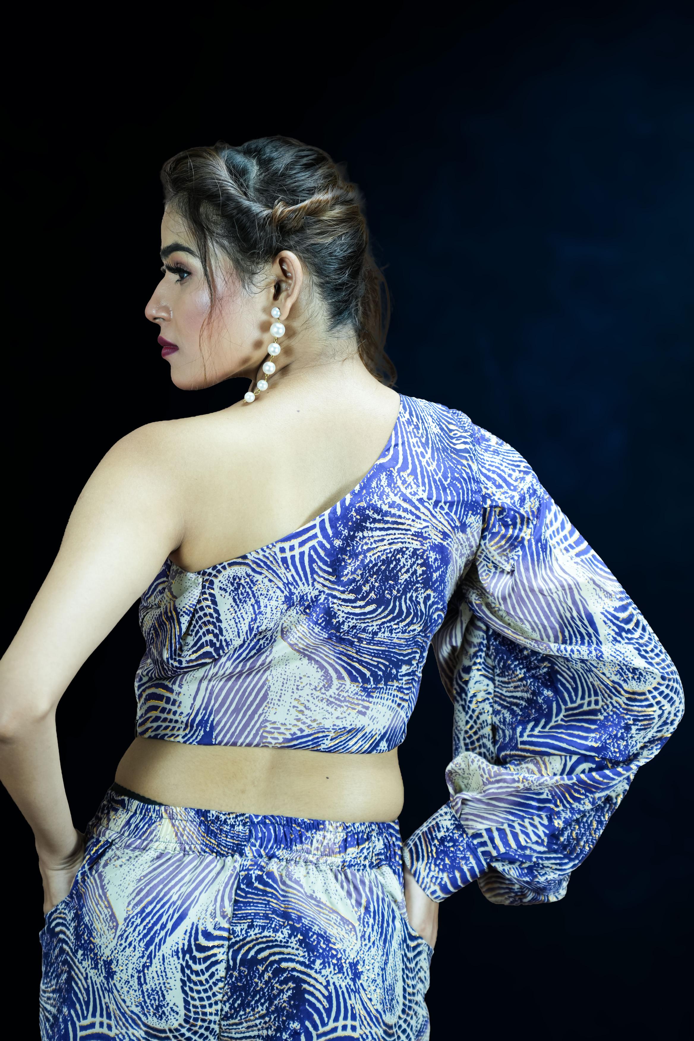 Blue Palm One-Shoulder Crop Top & Wide-Leg Pant Co-ord Set