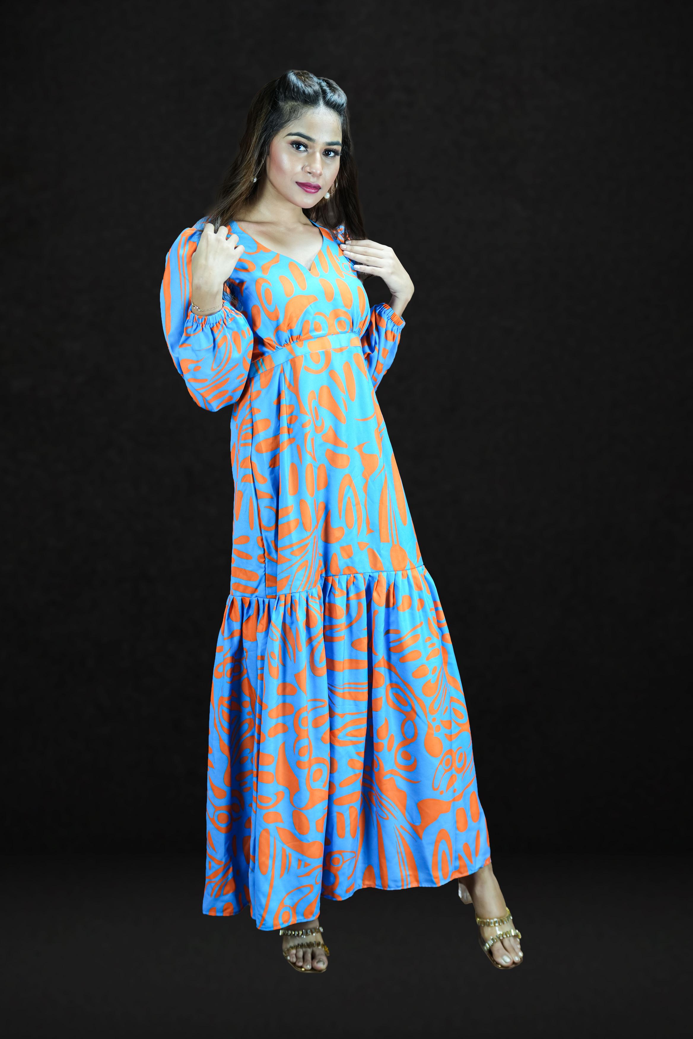 Coral Waves Balloon-Sleeve Slit Maxi Dress
