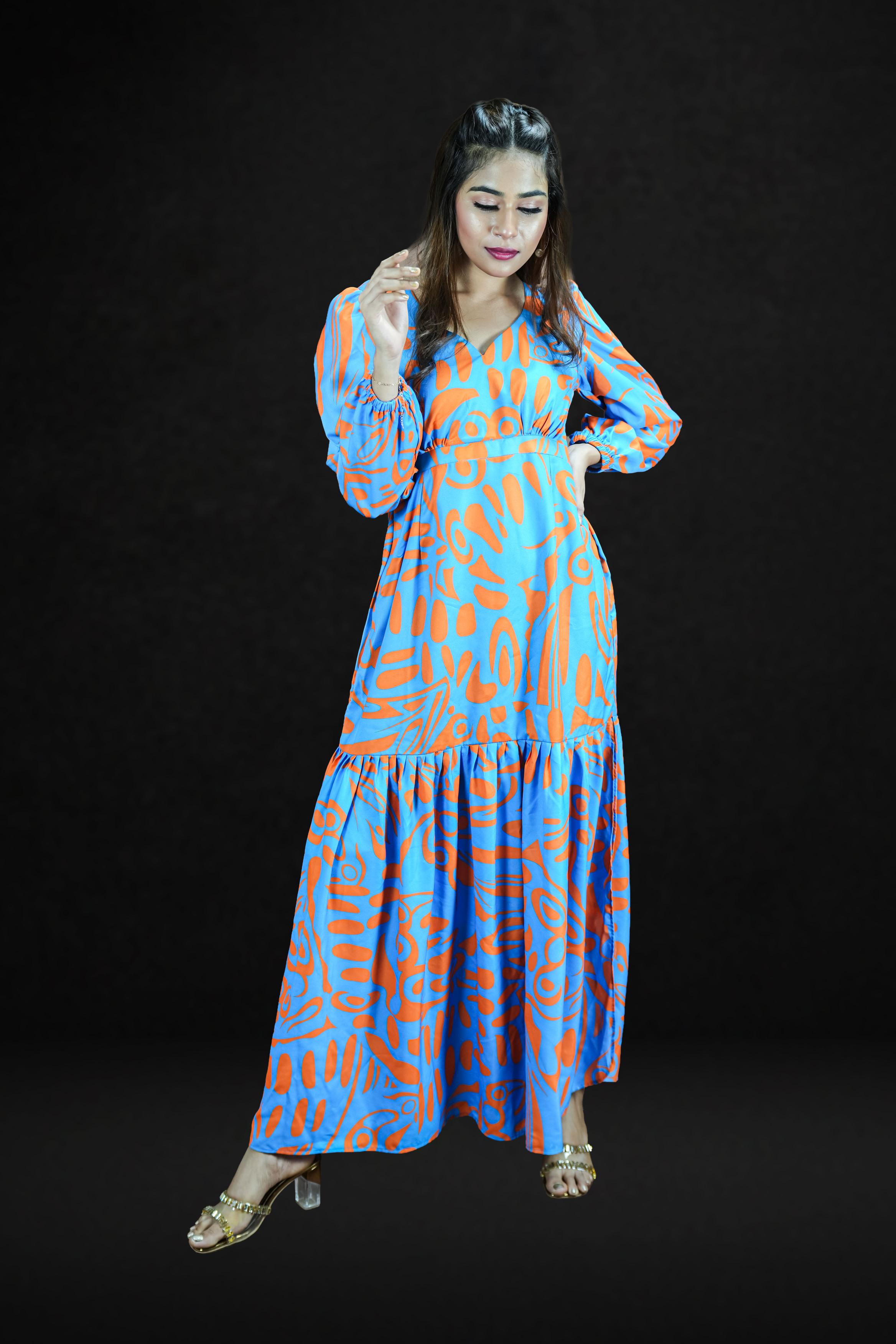 Coral Waves Balloon-Sleeve Slit Maxi Dress