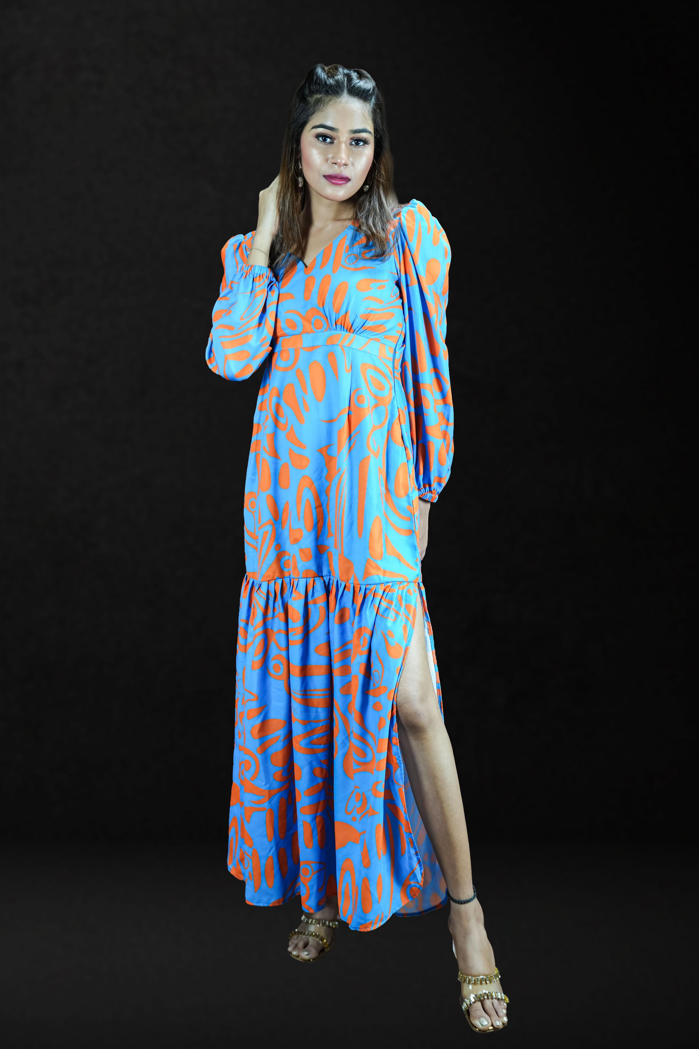 Coral Waves Balloon-Sleeve Slit Maxi Dress