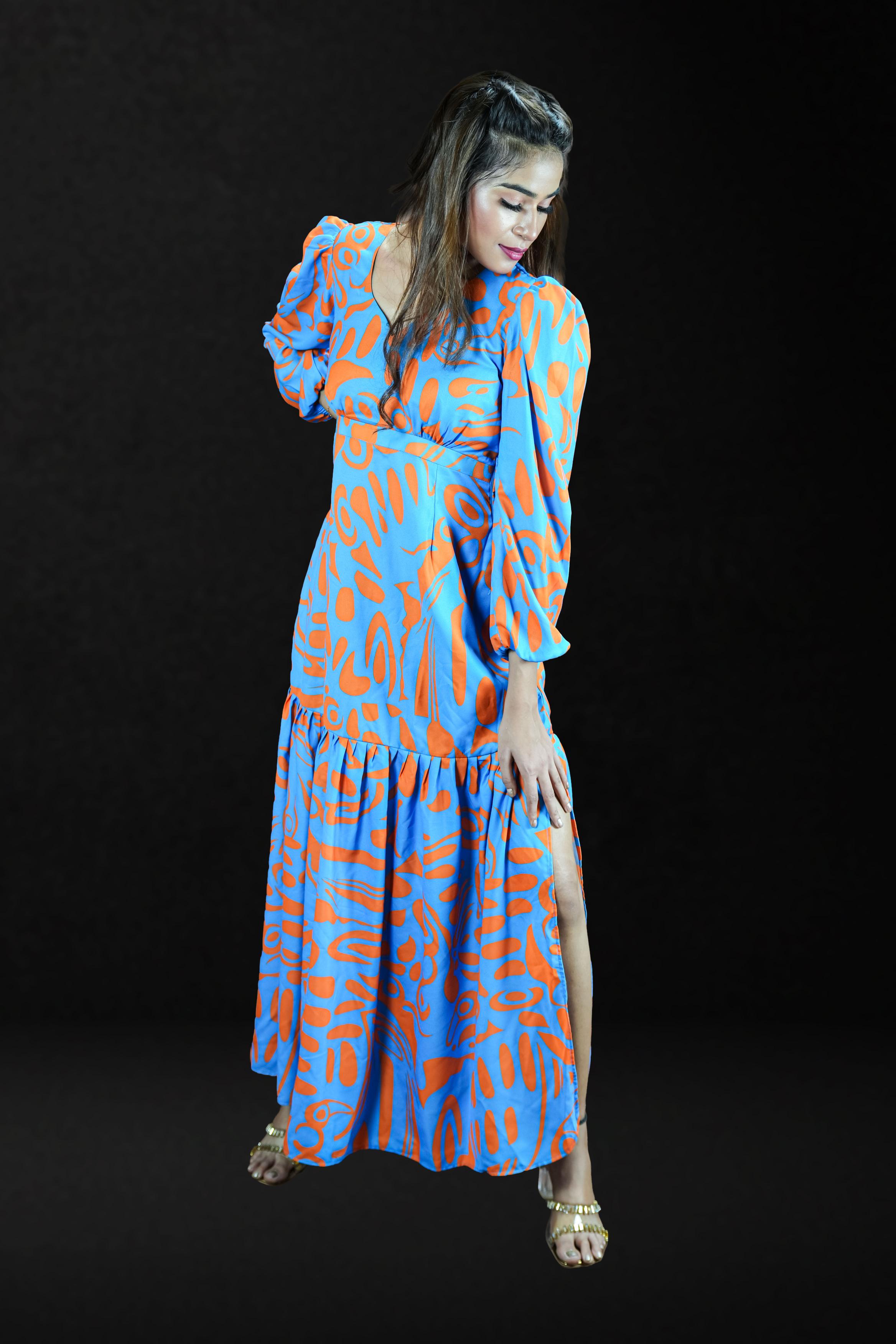 Coral Waves Balloon-Sleeve Slit Maxi Dress