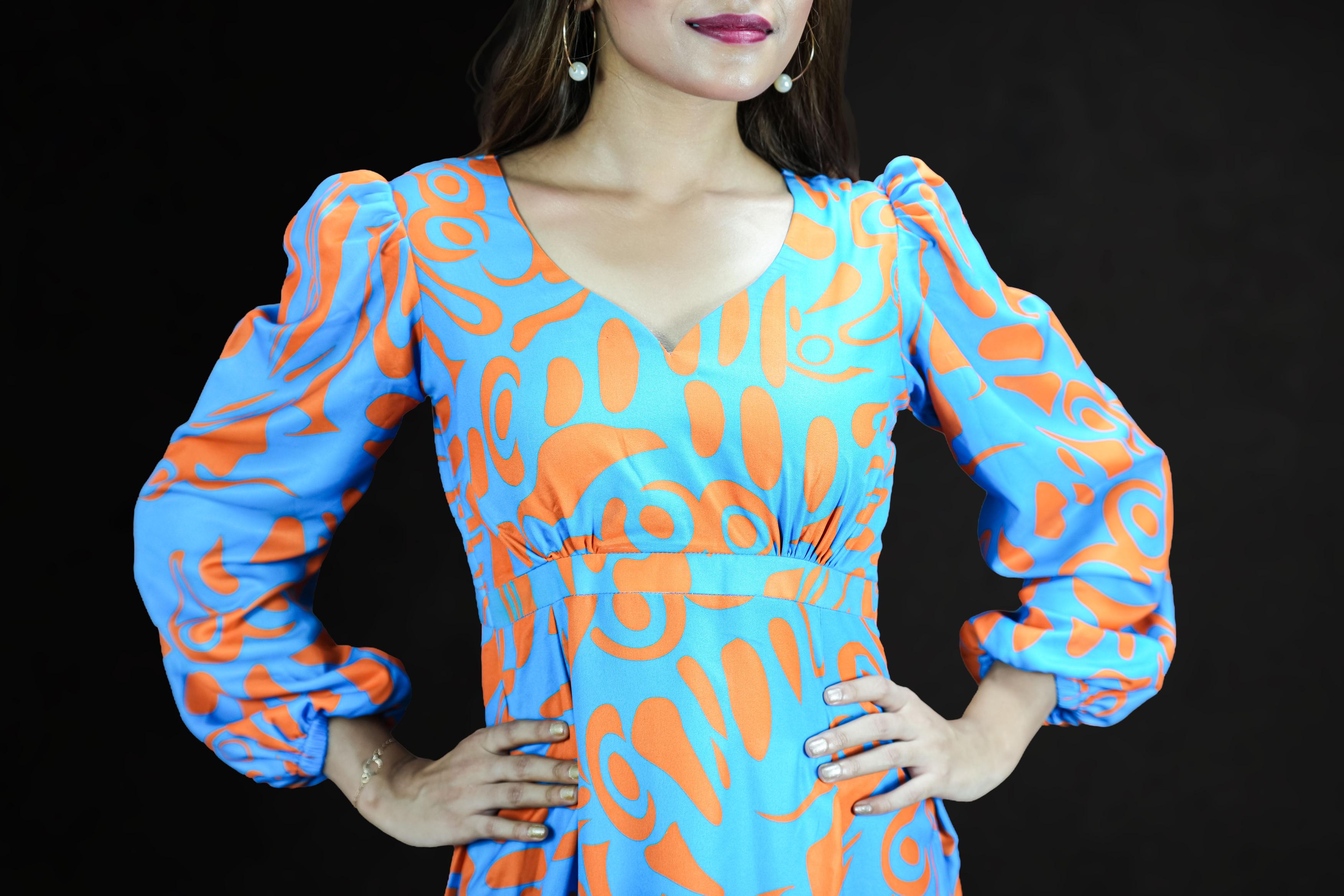 Coral Waves Balloon-Sleeve Slit Maxi Dress