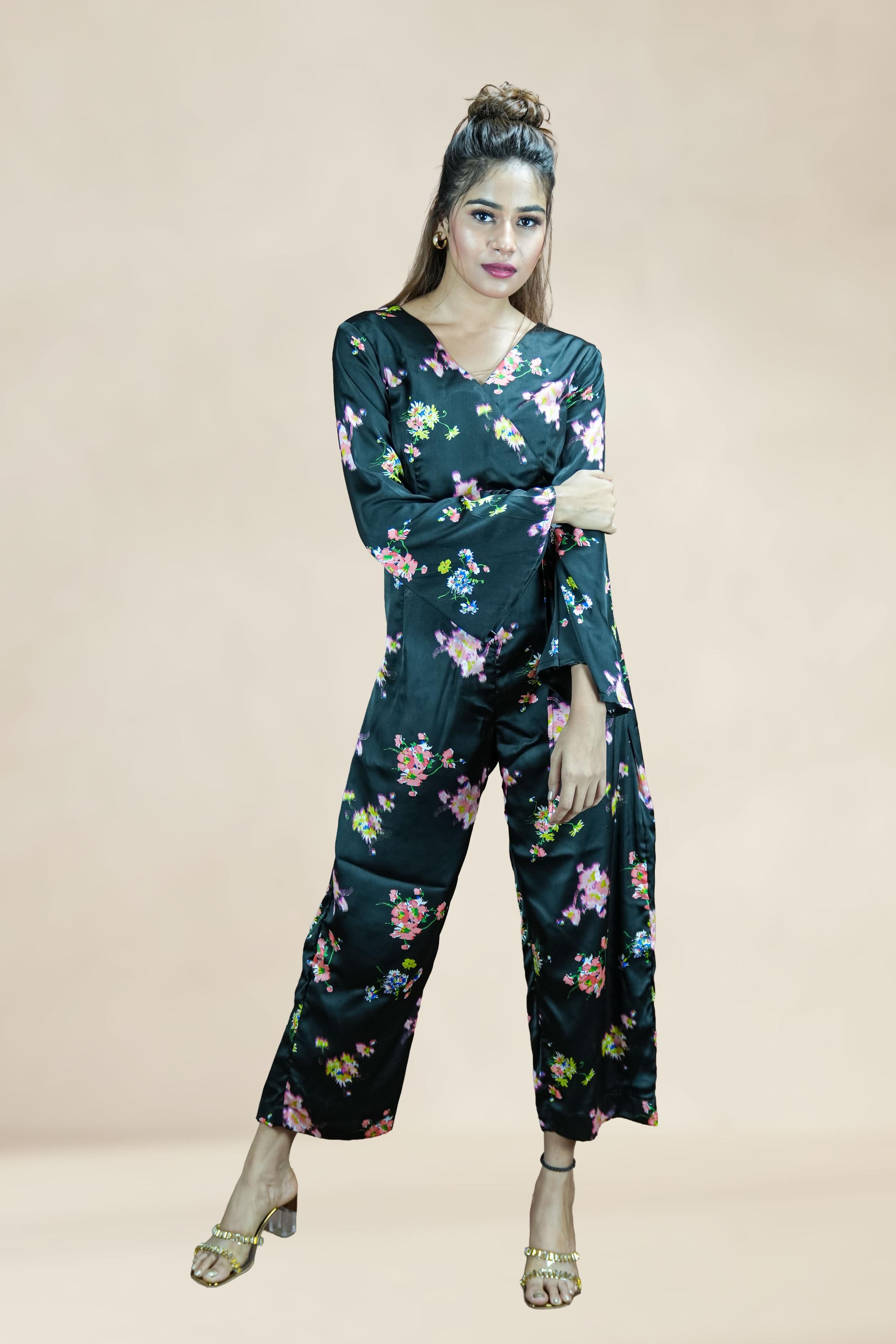 Midnight Bloom Satin Co-ord Set