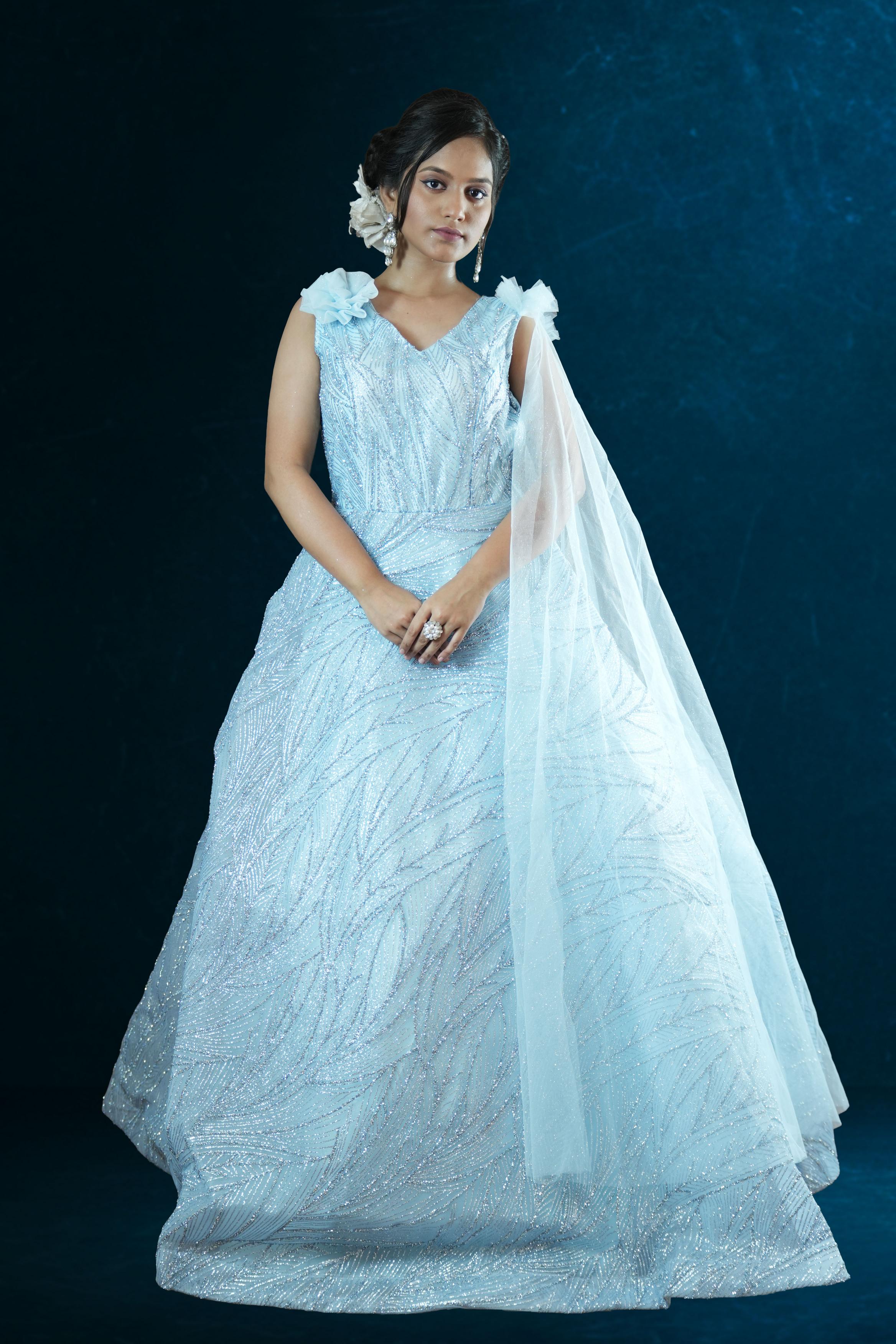 Ice Blue Glitter Net Ball Gown