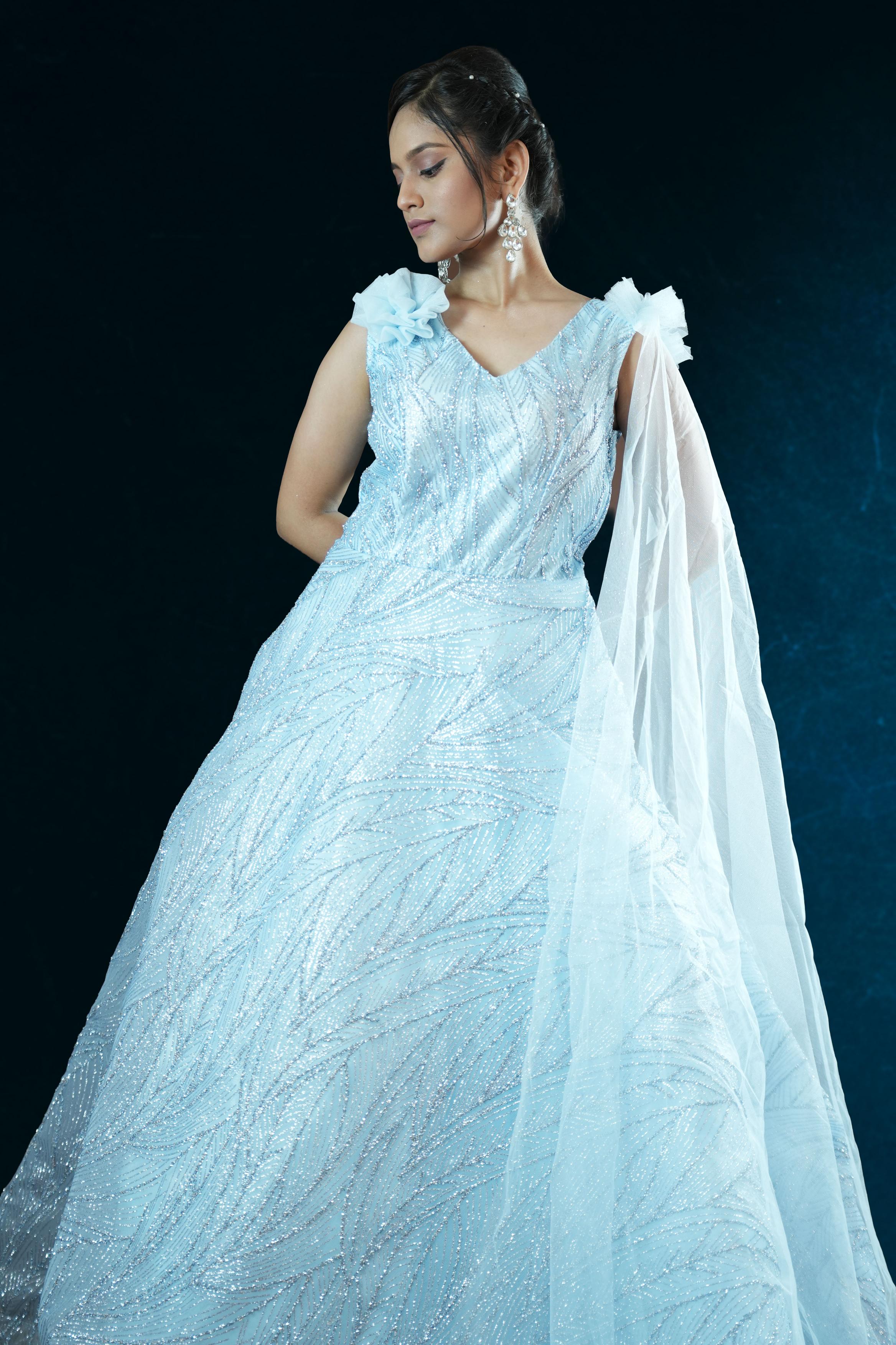 Ice Blue Glitter Net Ball Gown