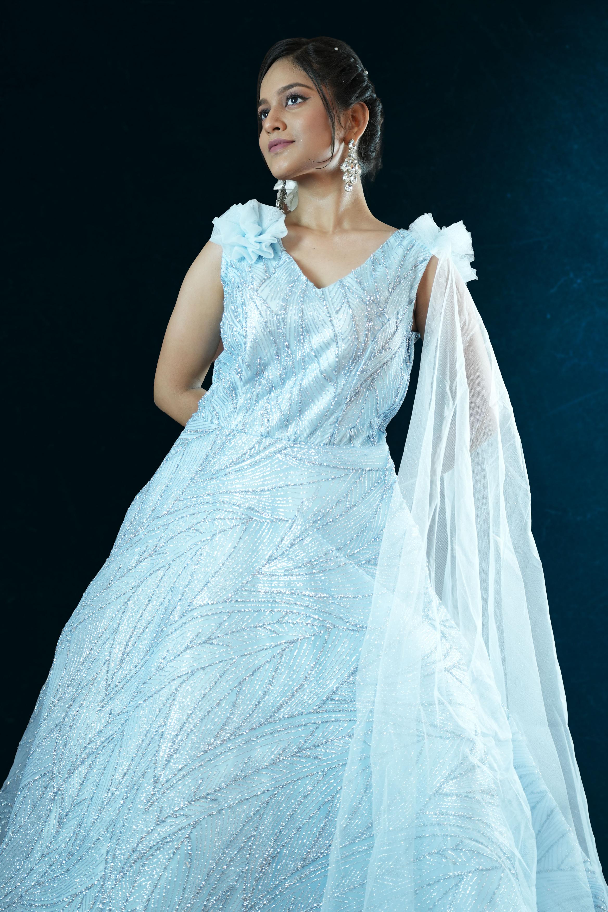 Ice Blue Glitter Net Ball Gown