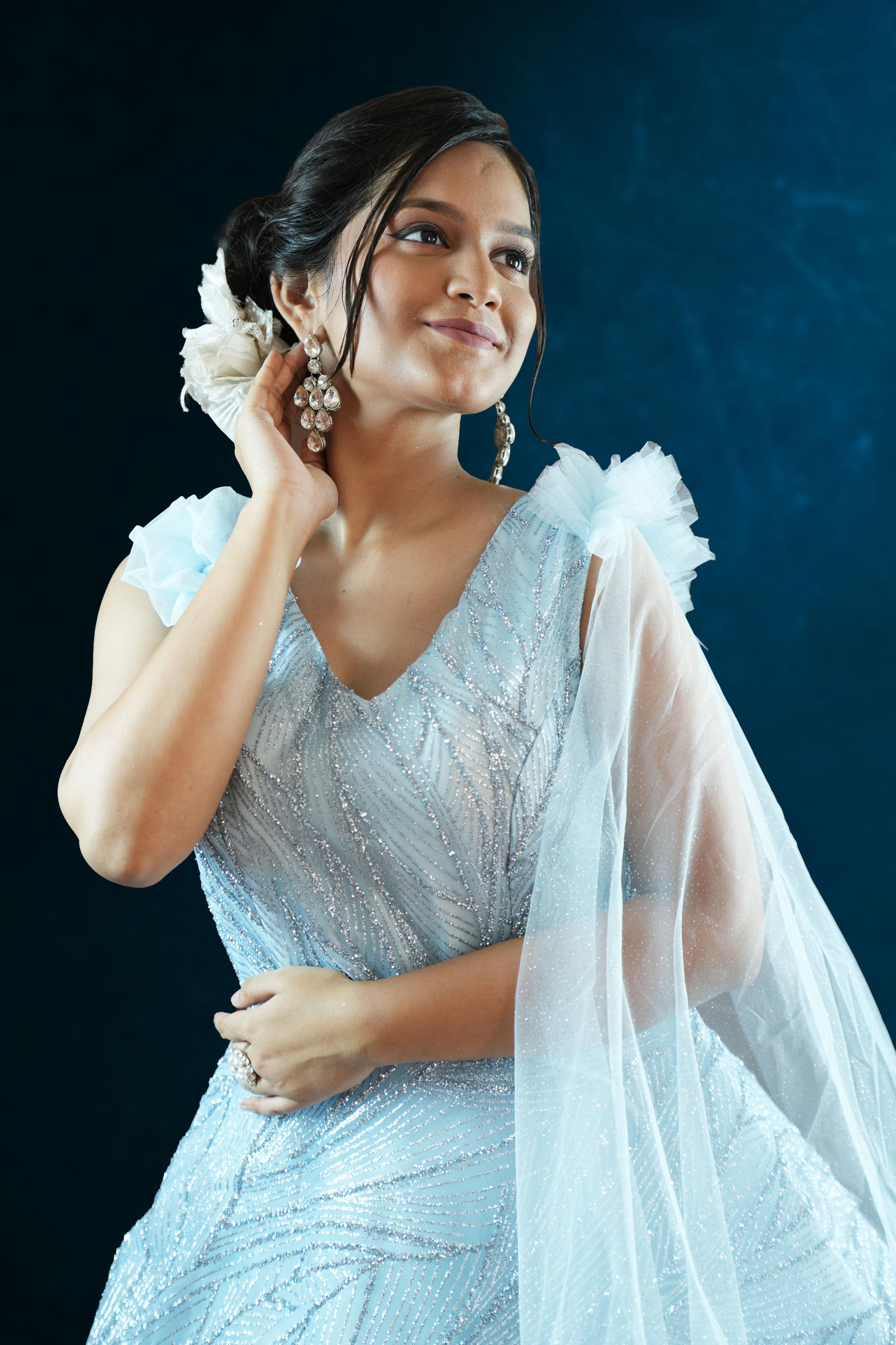 Ice Blue Glitter Net Ball Gown