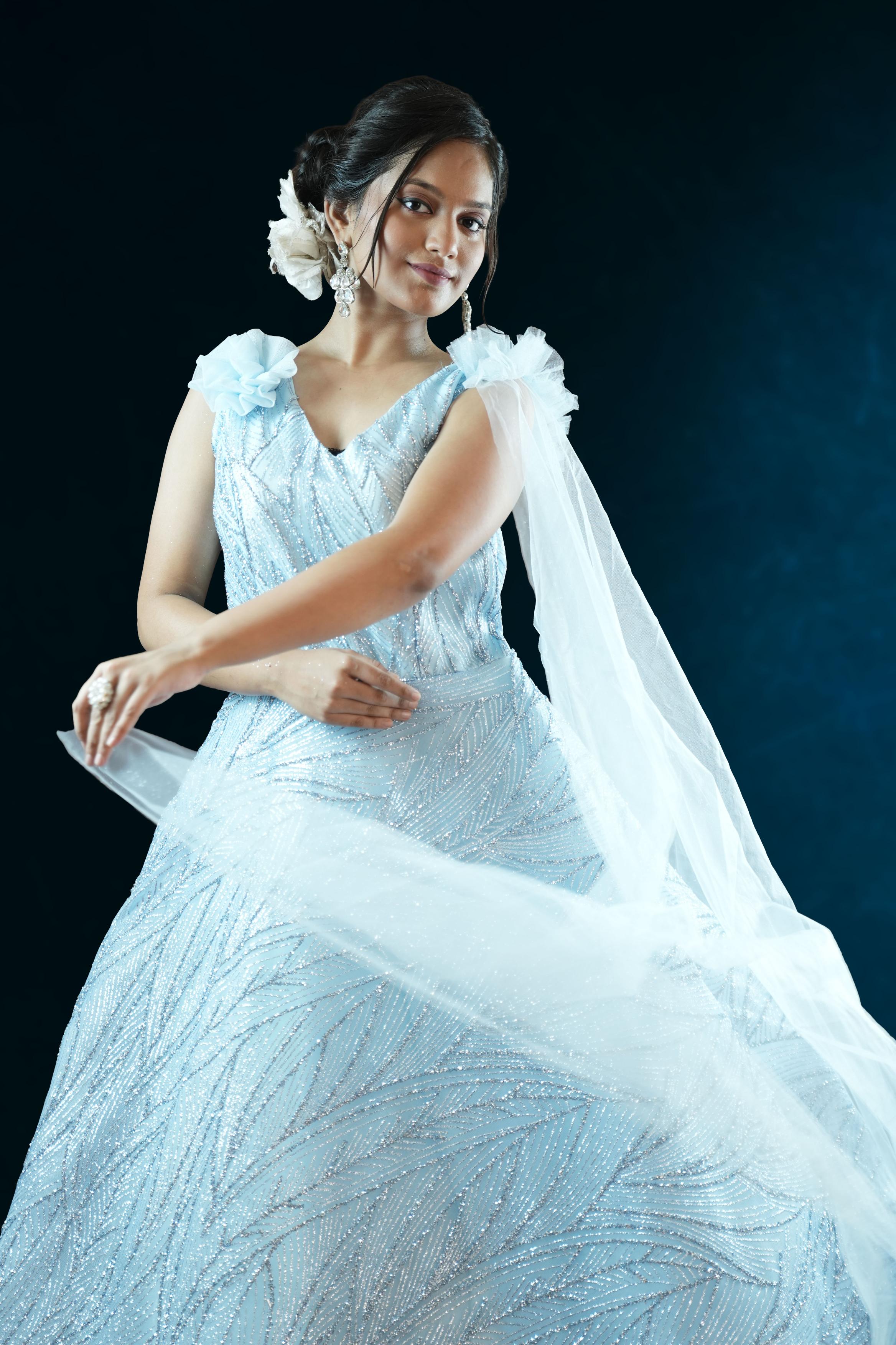 Ice Blue Glitter Net Ball Gown