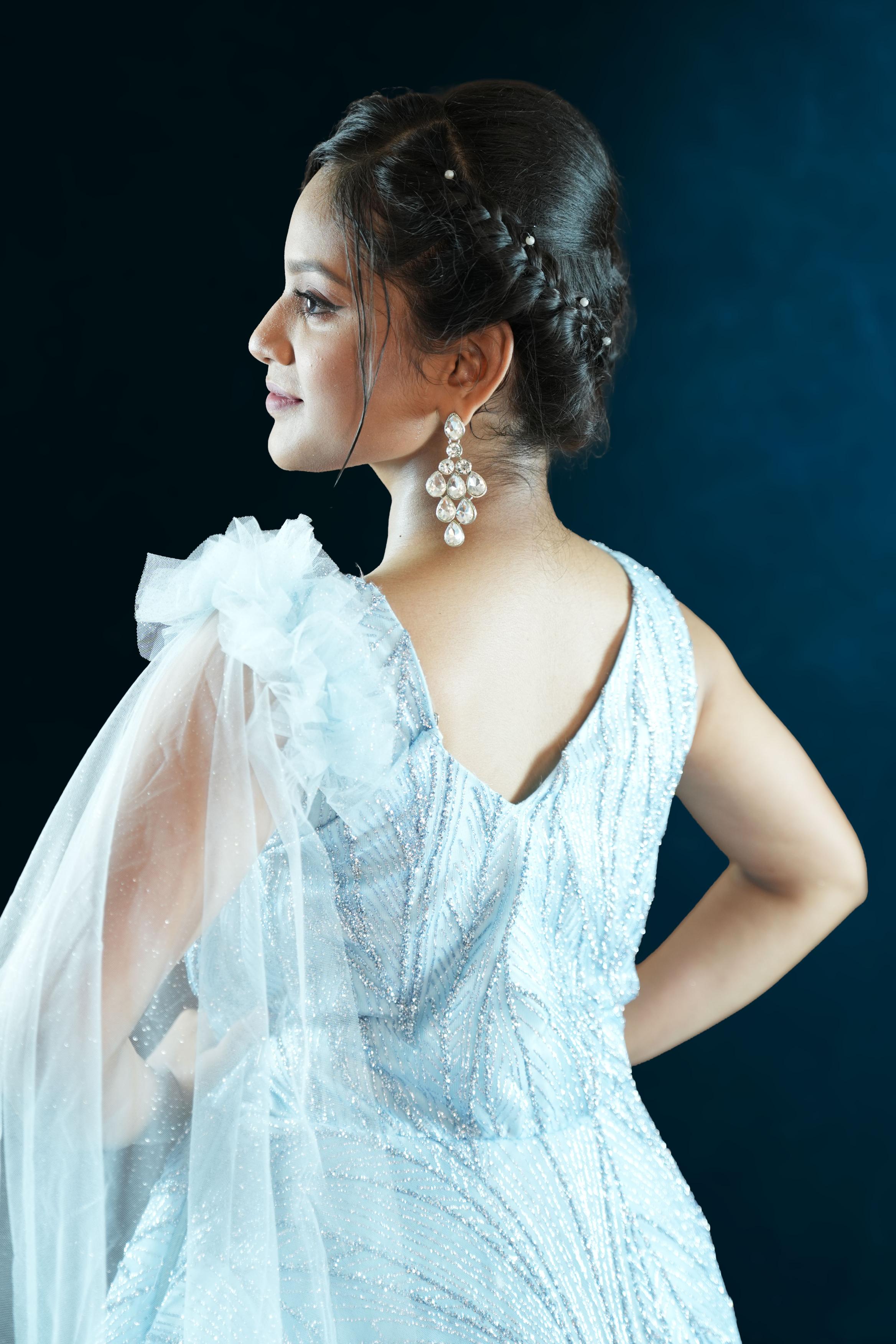 Ice Blue Glitter Net Ball Gown