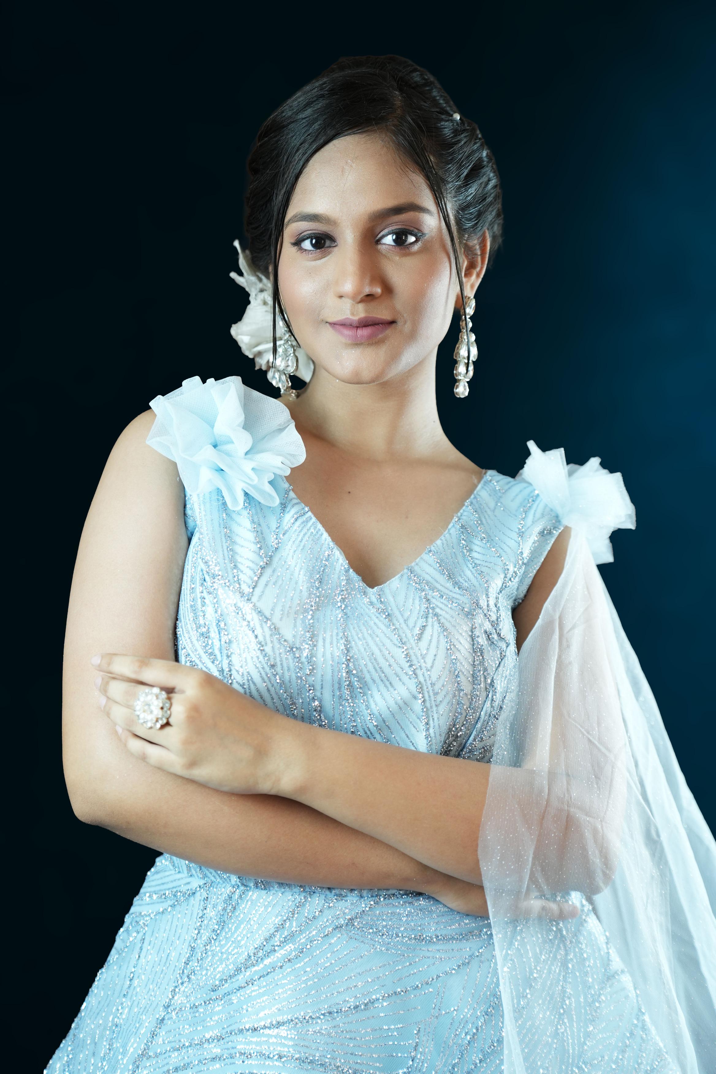 Ice Blue Glitter Net Ball Gown