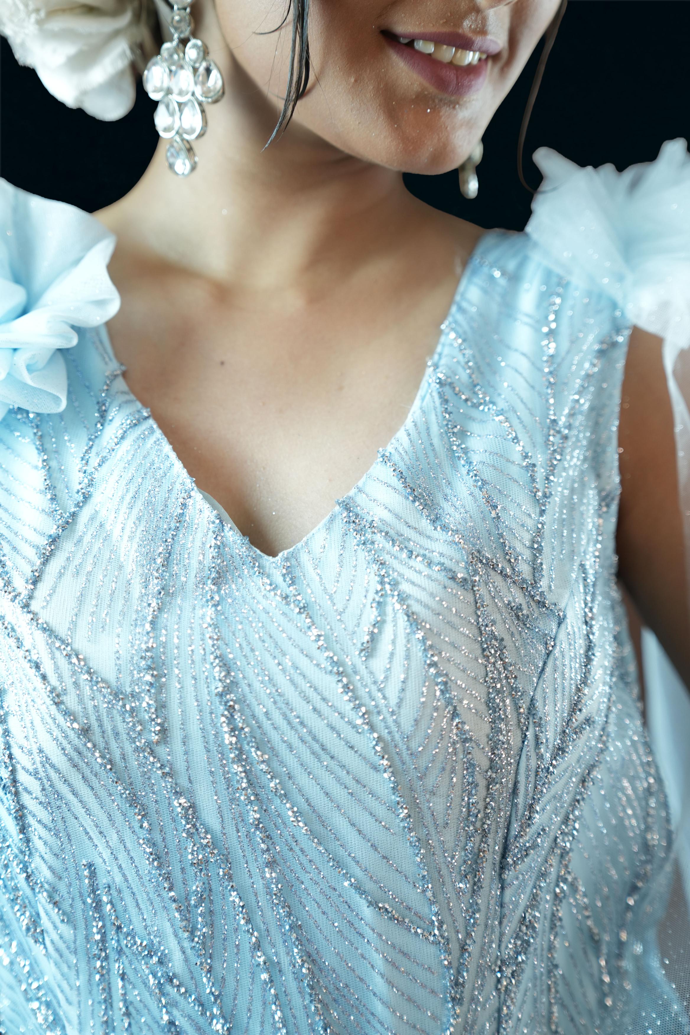 Ice Blue Glitter Net Ball Gown