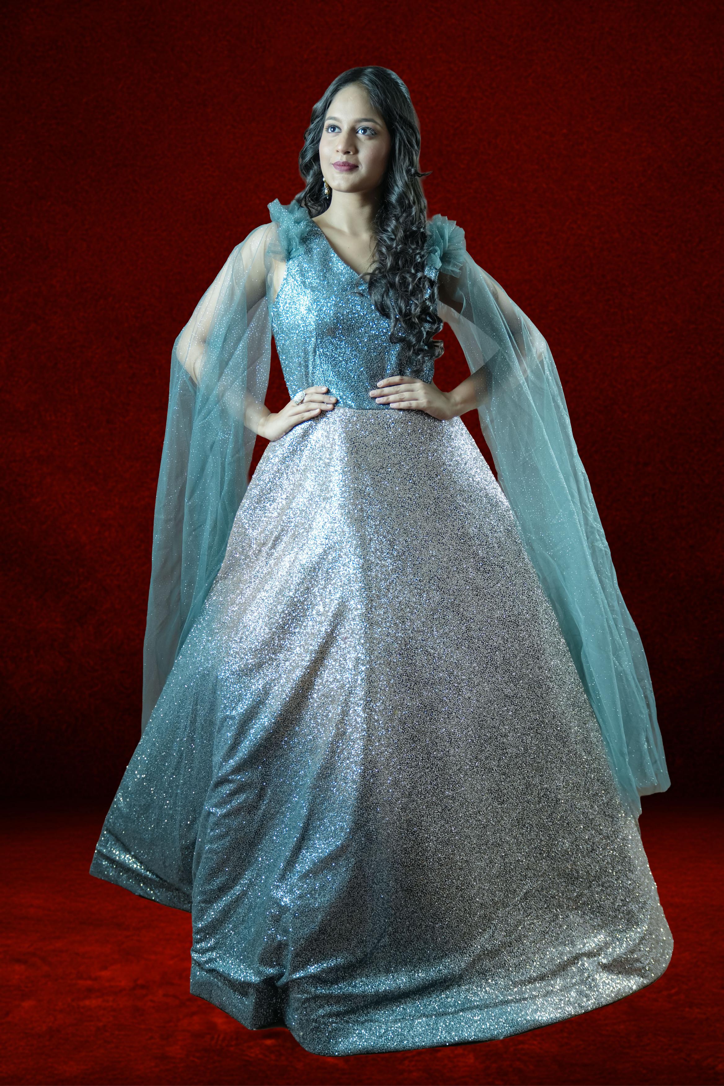 Silver & Blue Embellished Evening Gown