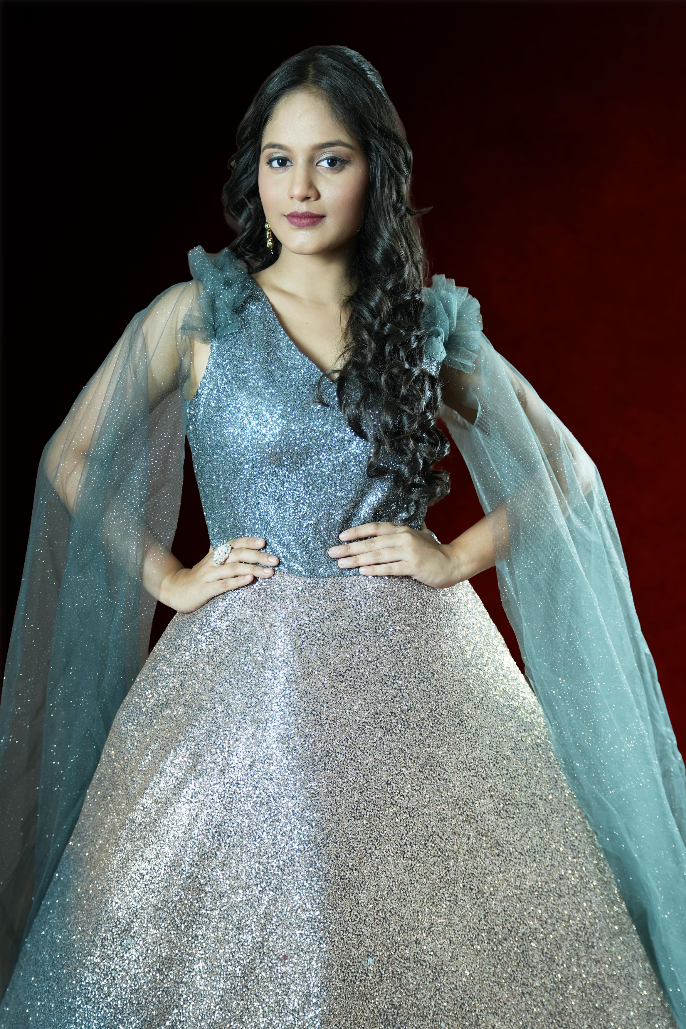 Silver & Blue Embellished Evening Gown
