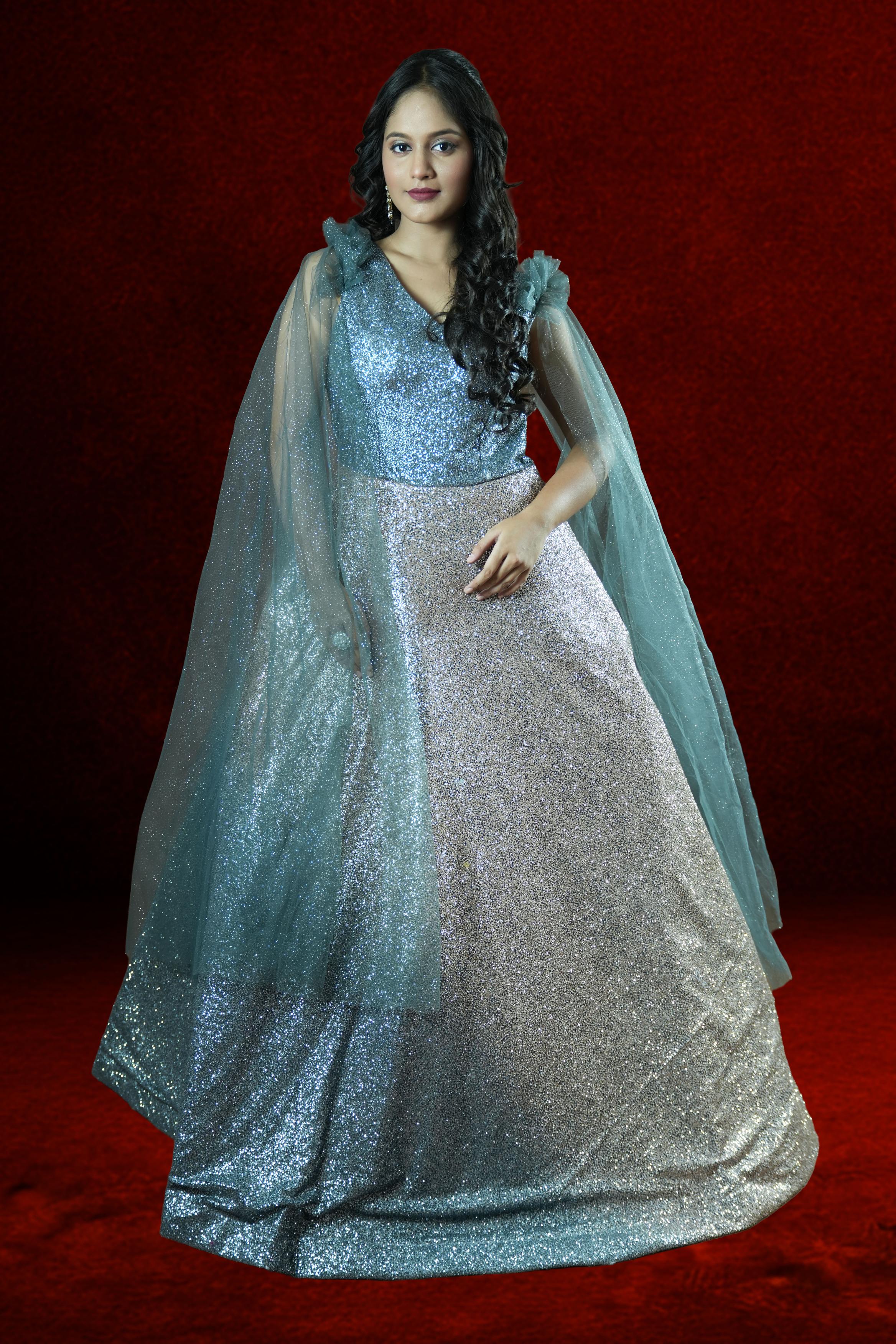 Silver & Blue Embellished Evening Gown