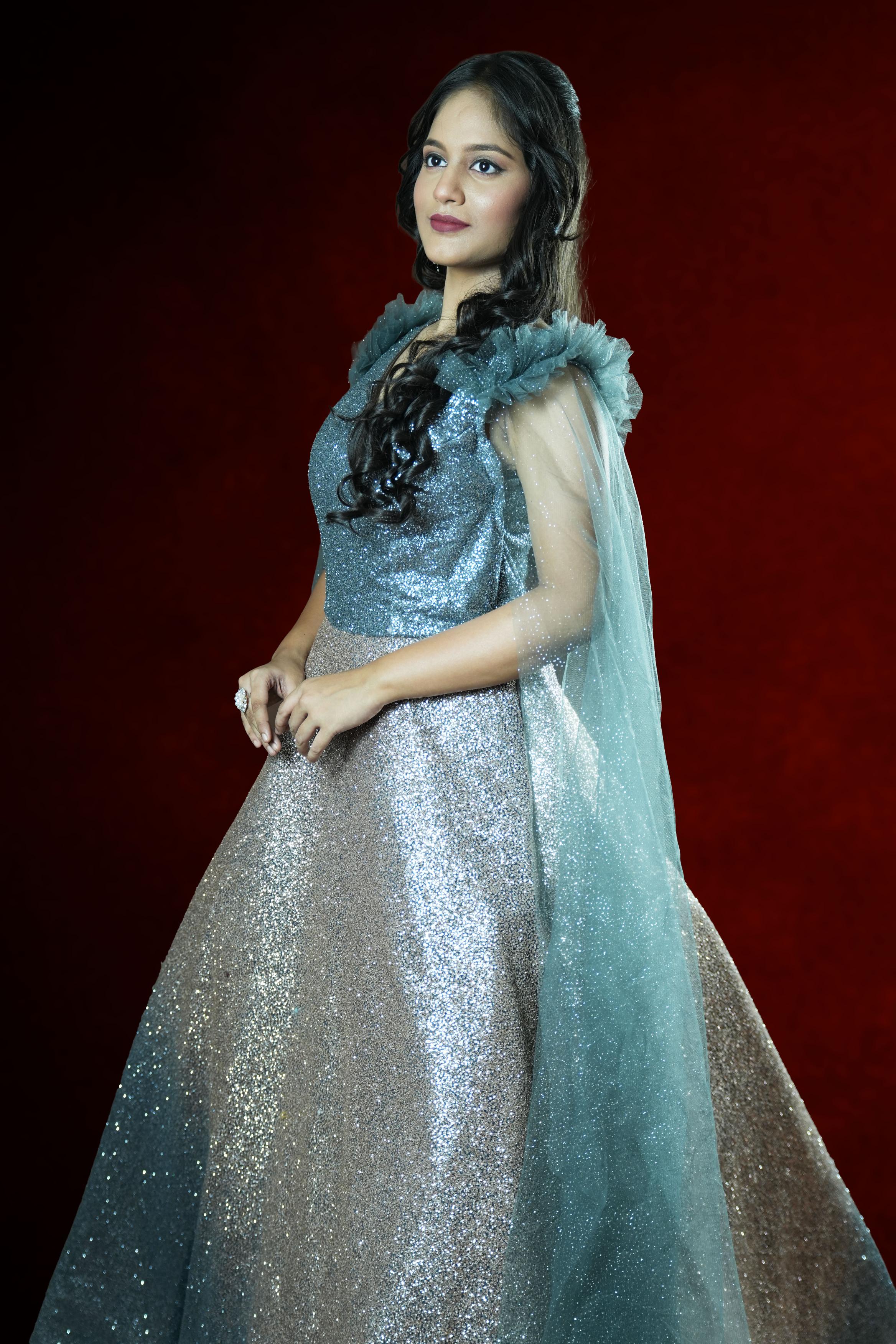 Silver & Blue Embellished Evening Gown