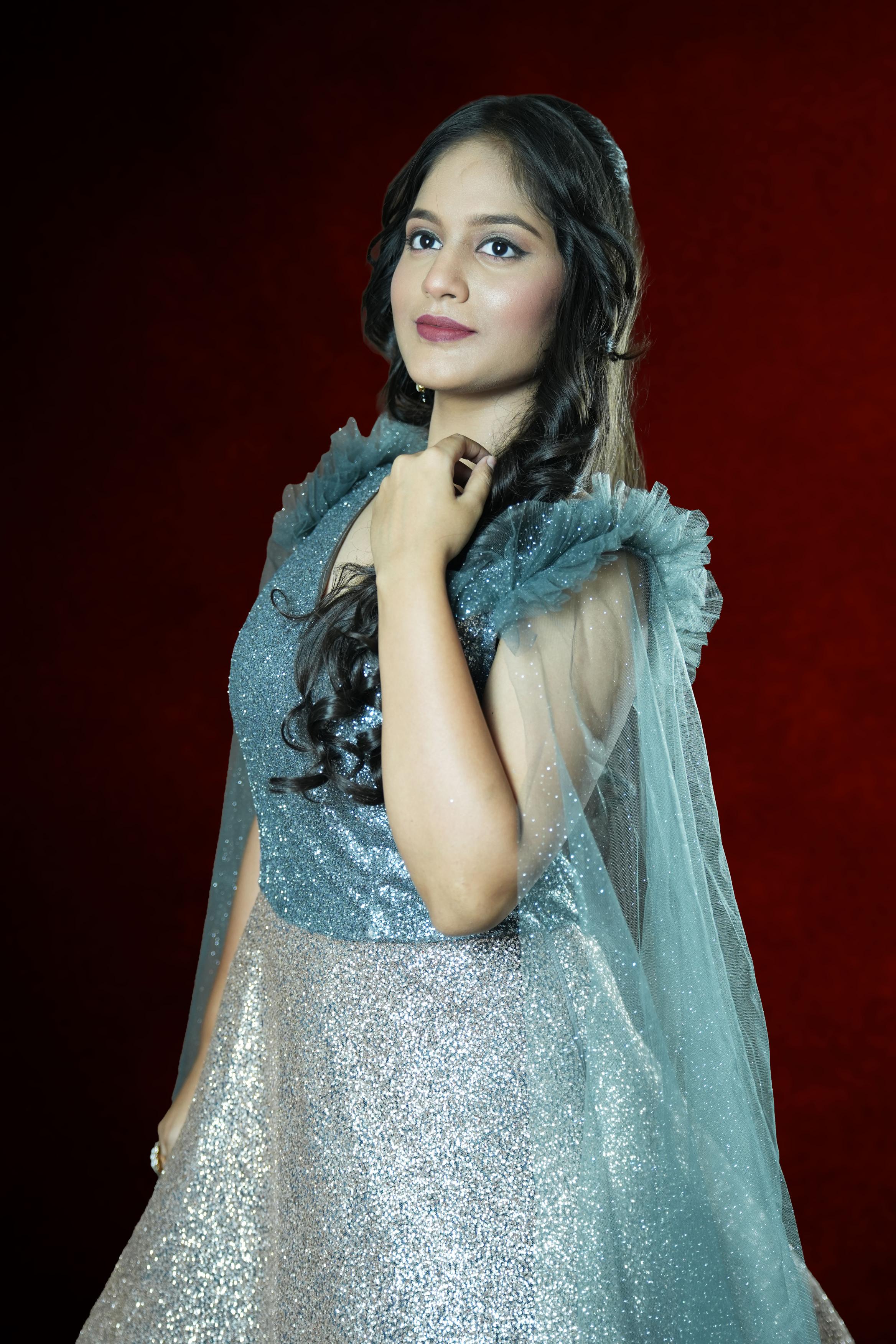 Silver & Blue Embellished Evening Gown