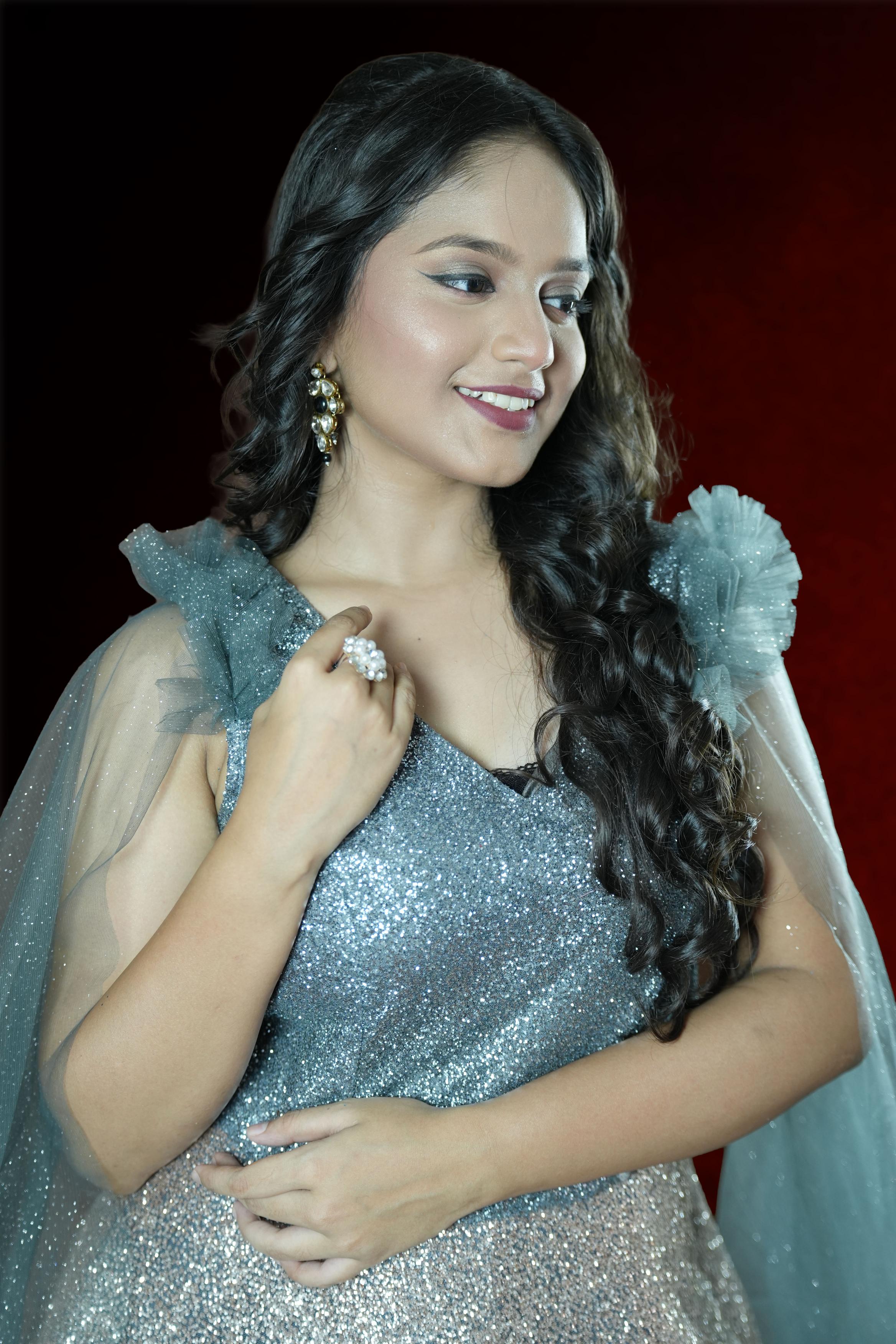 Silver & Blue Embellished Evening Gown