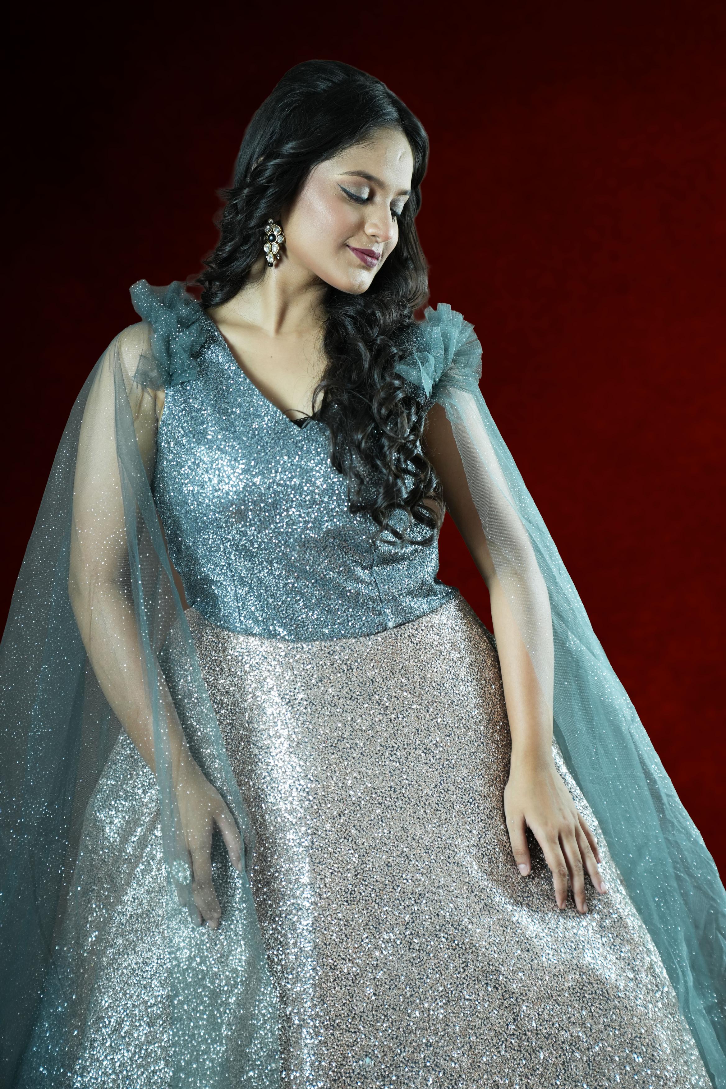 Silver & Blue Embellished Evening Gown