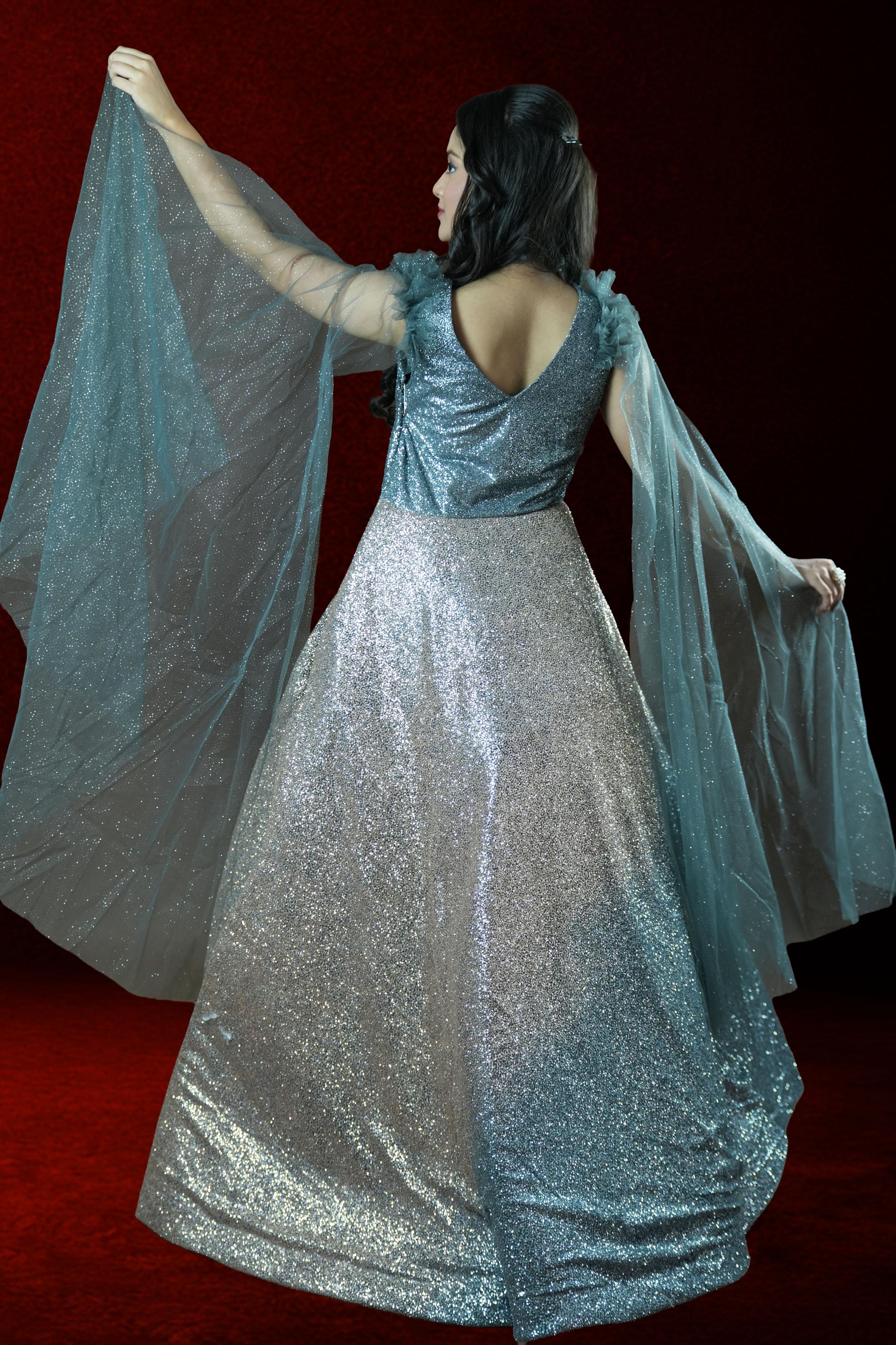 Silver & Blue Embellished Evening Gown
