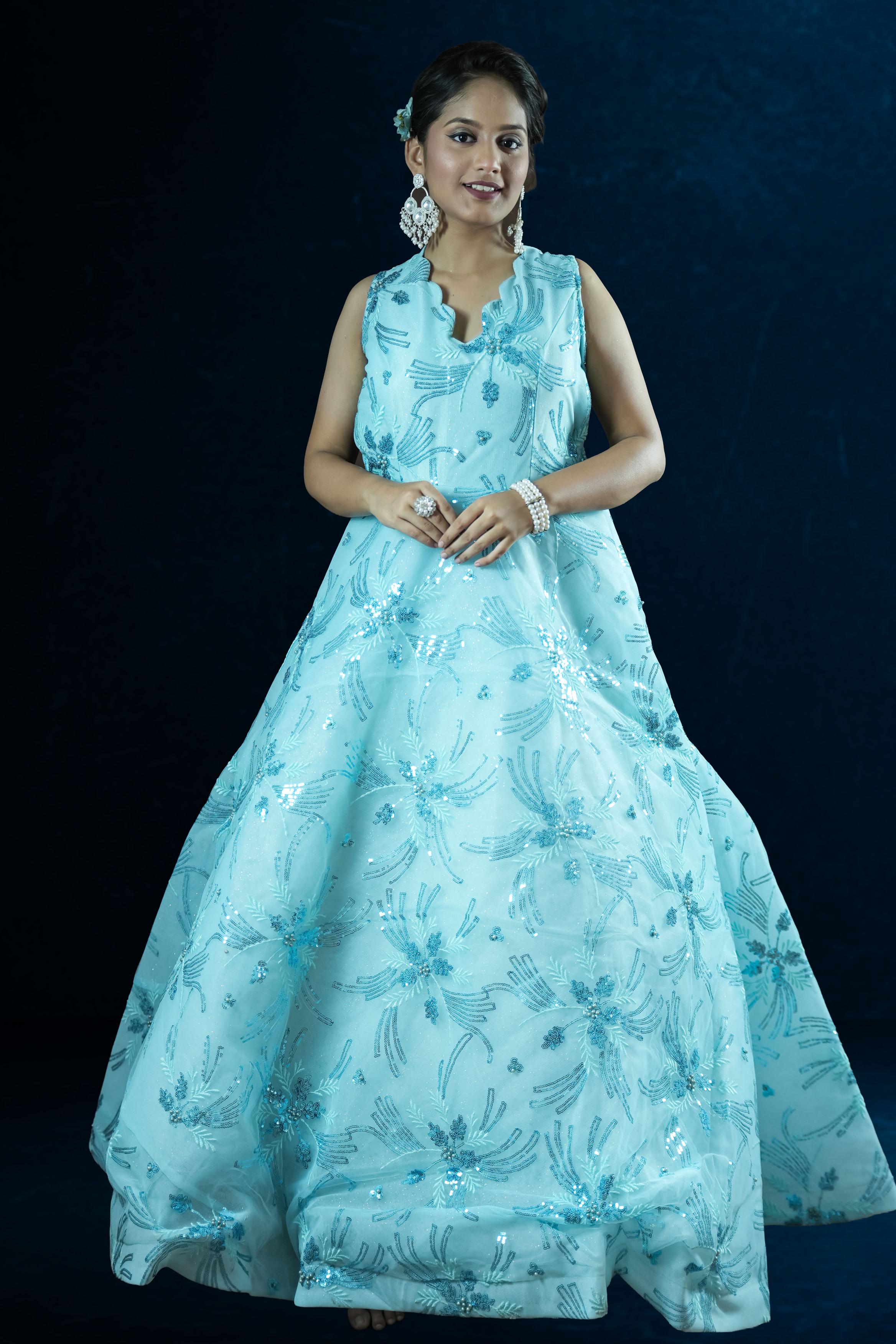 Aqua Blue Floral Sequin Embroidered Ball Gown