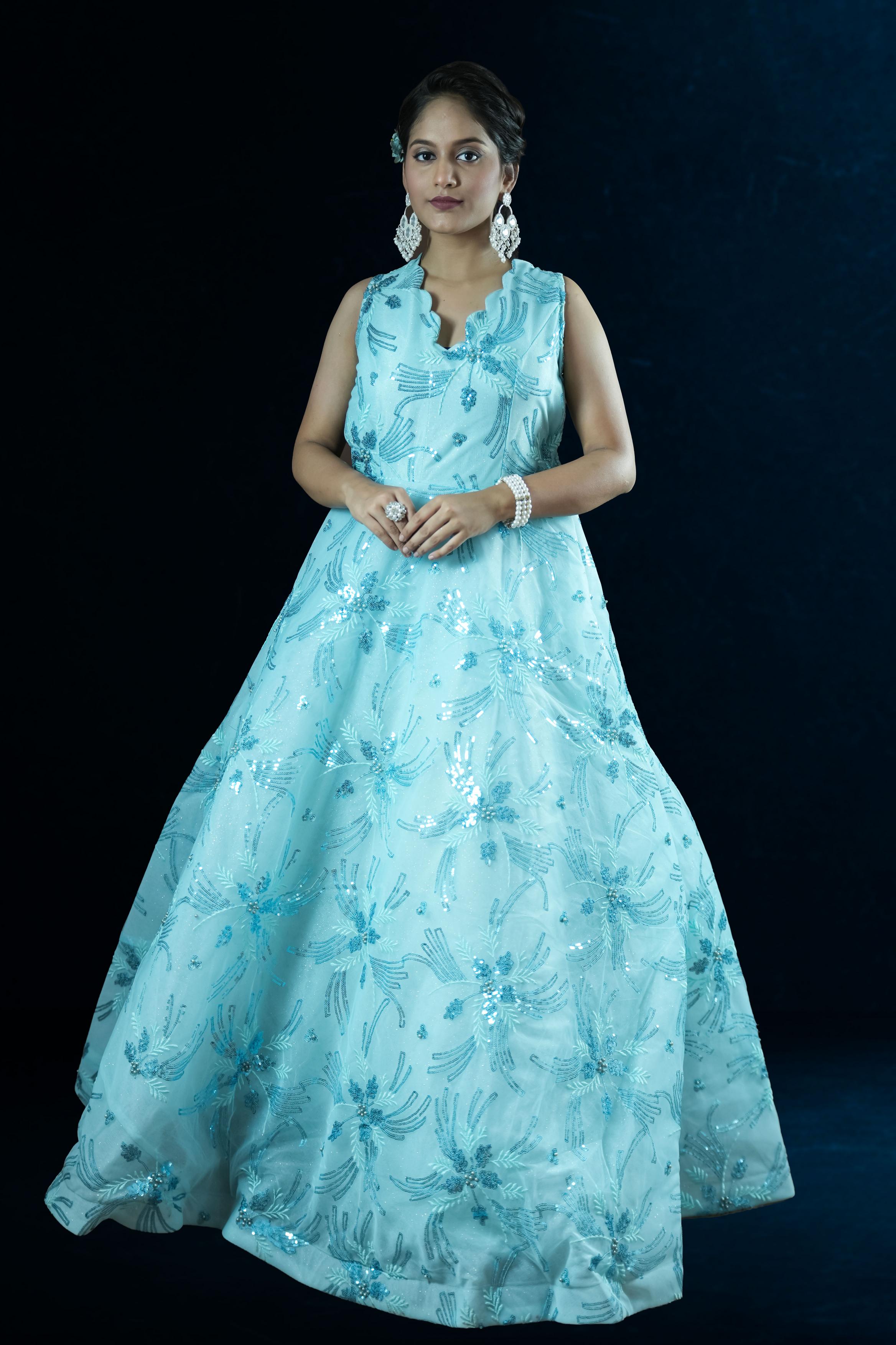Aqua Blue Floral Sequin Embroidered Ball Gown