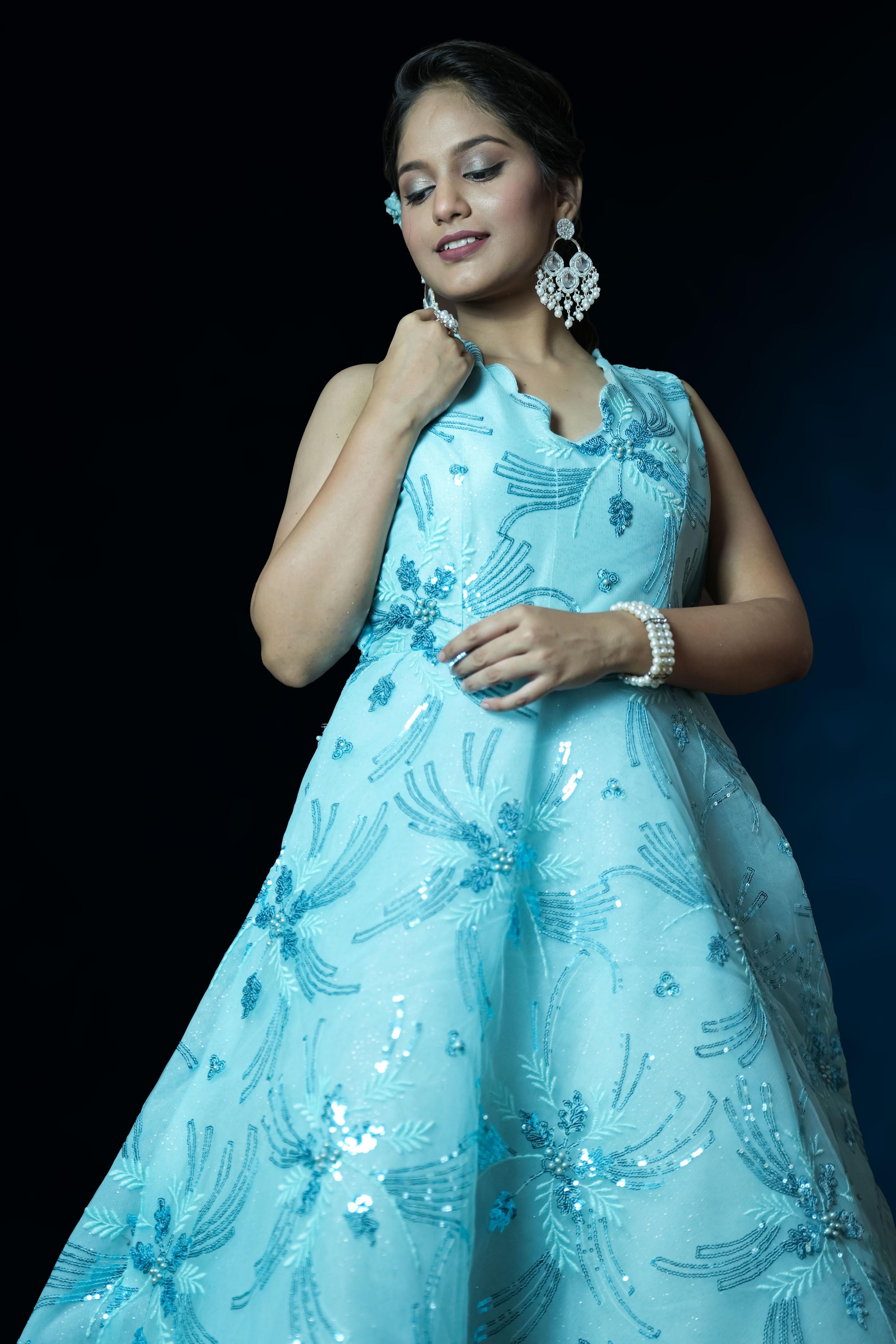 Aqua Blue Floral Sequin Embroidered Ball Gown