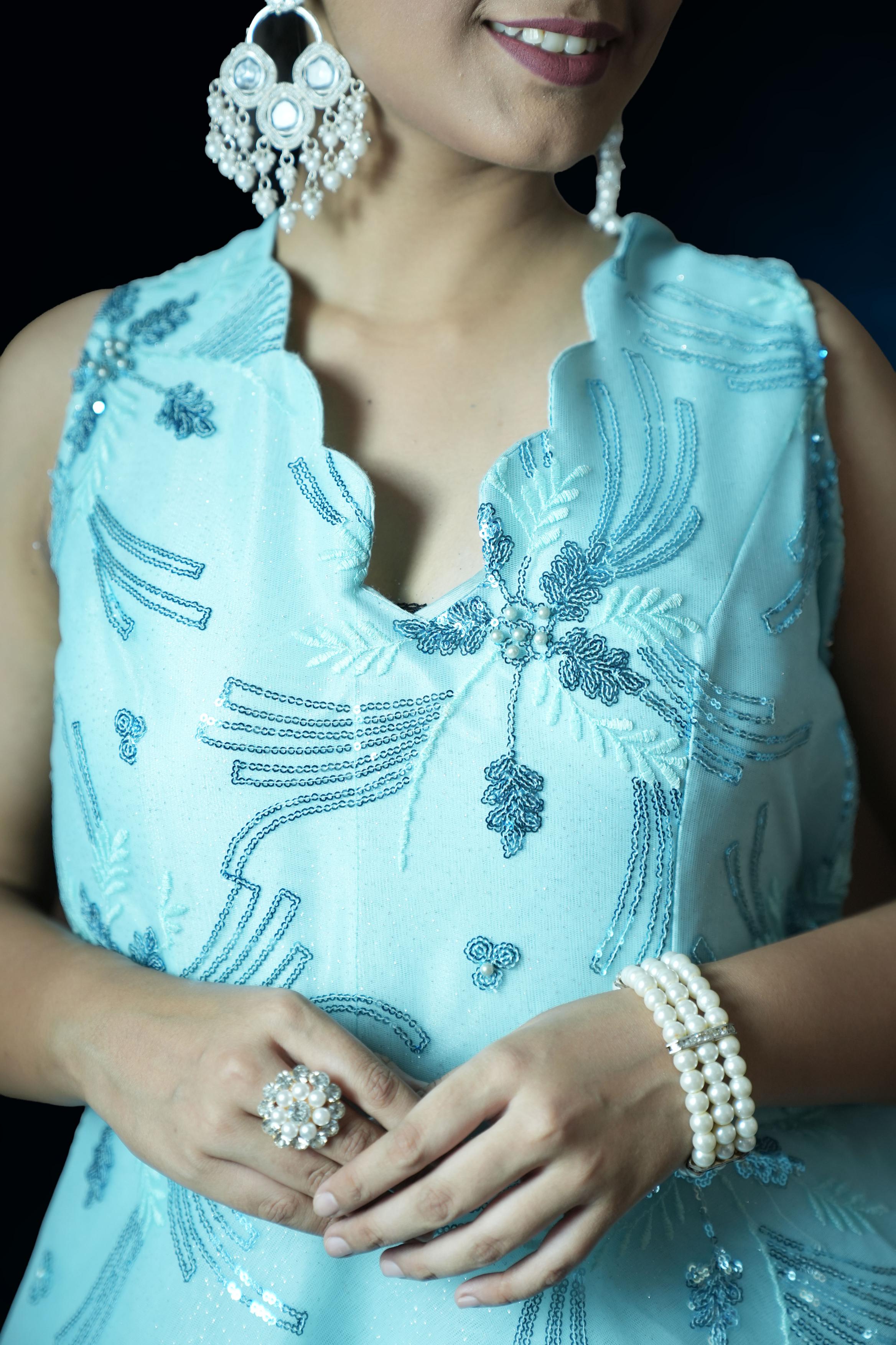 Aqua Blue Floral Sequin Embroidered Ball Gown