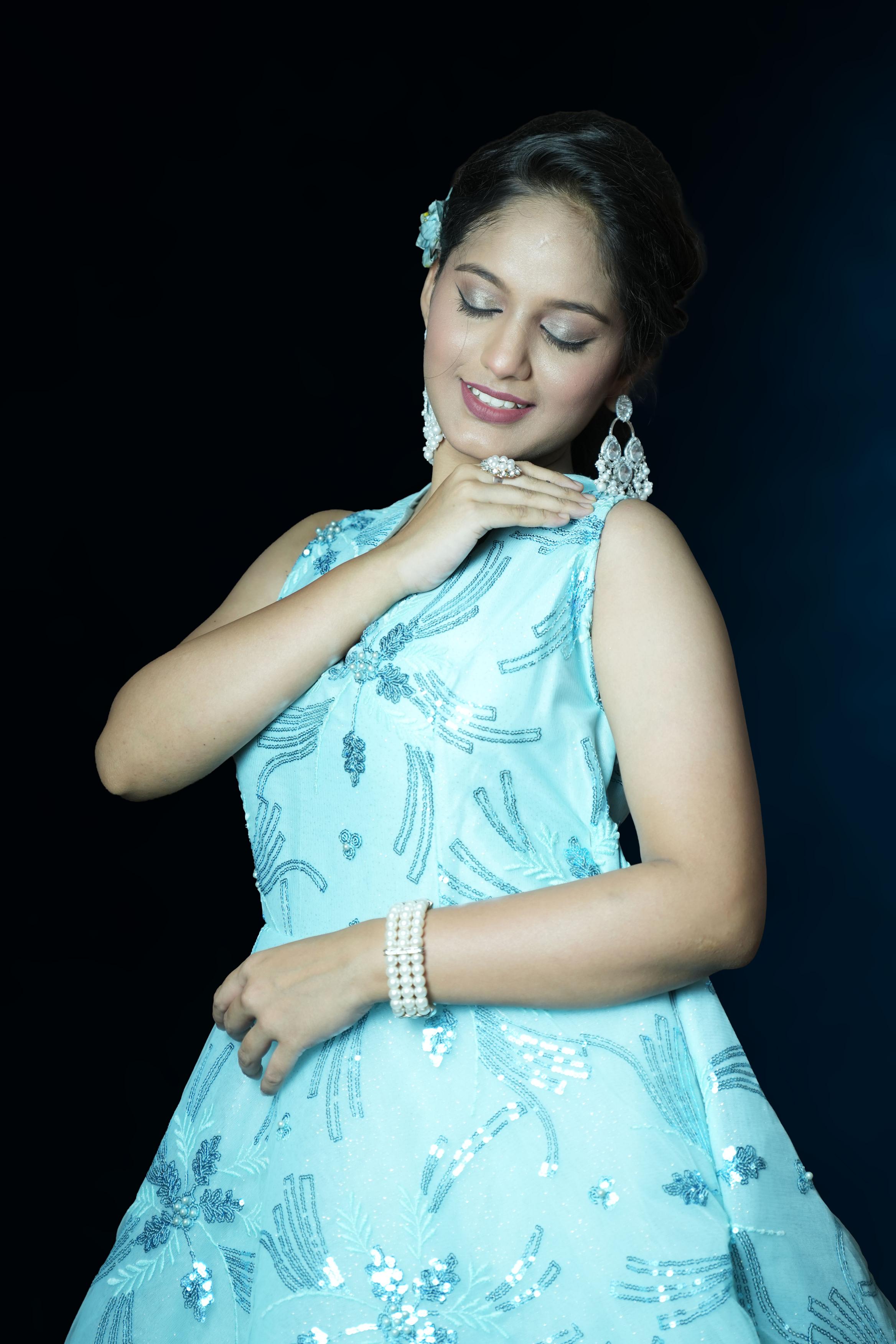 Aqua Blue Floral Sequin Embroidered Ball Gown