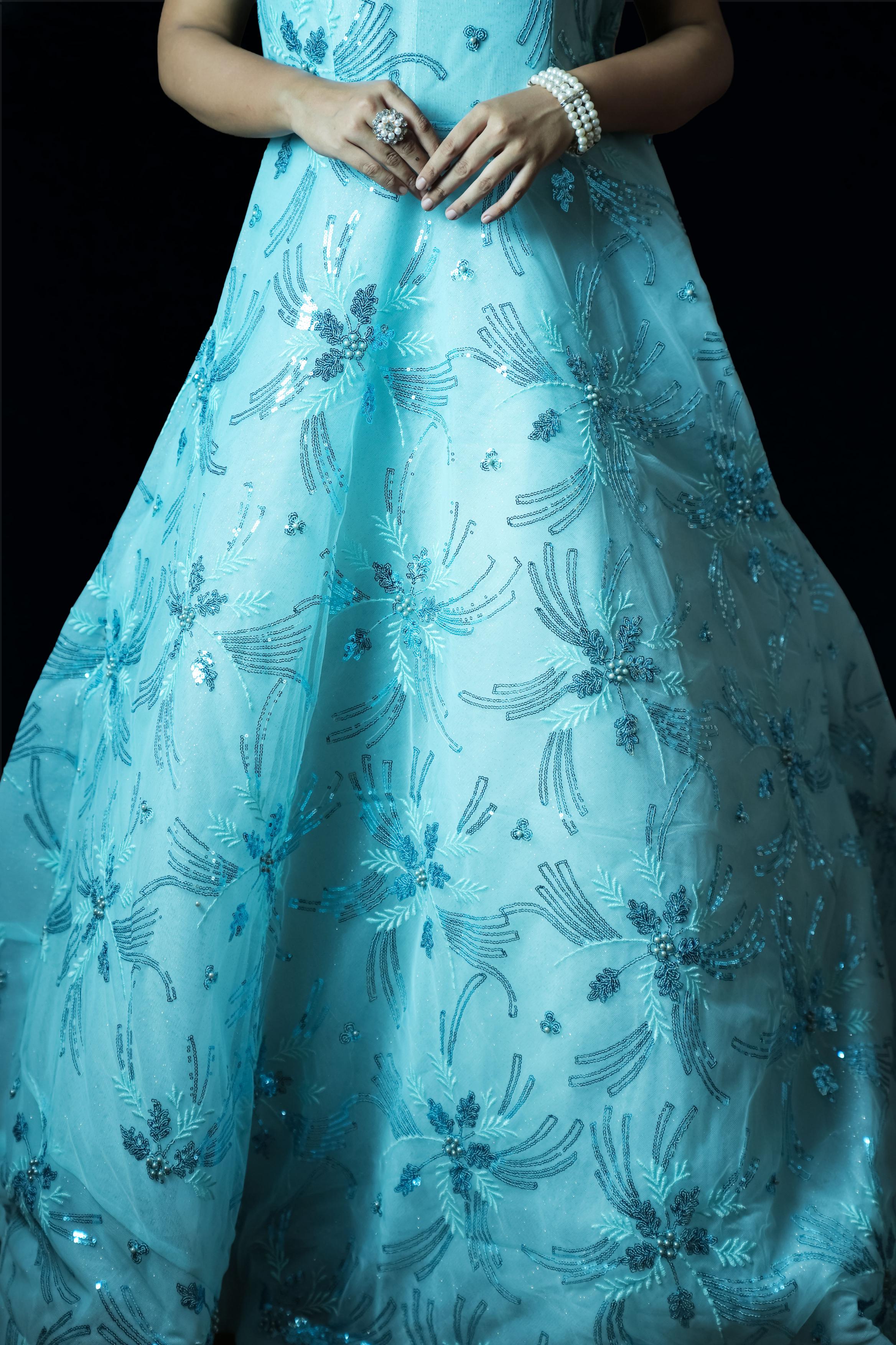 Aqua Blue Floral Sequin Embroidered Ball Gown