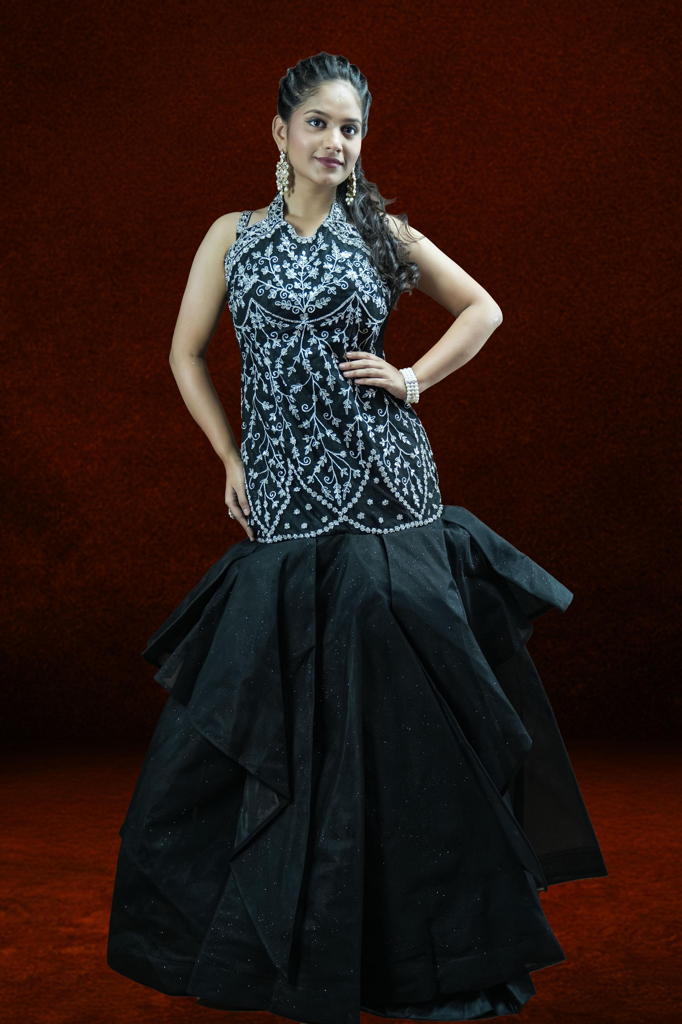 Black Embellished cutdana high mughal jaal cut work Mermaid Gown