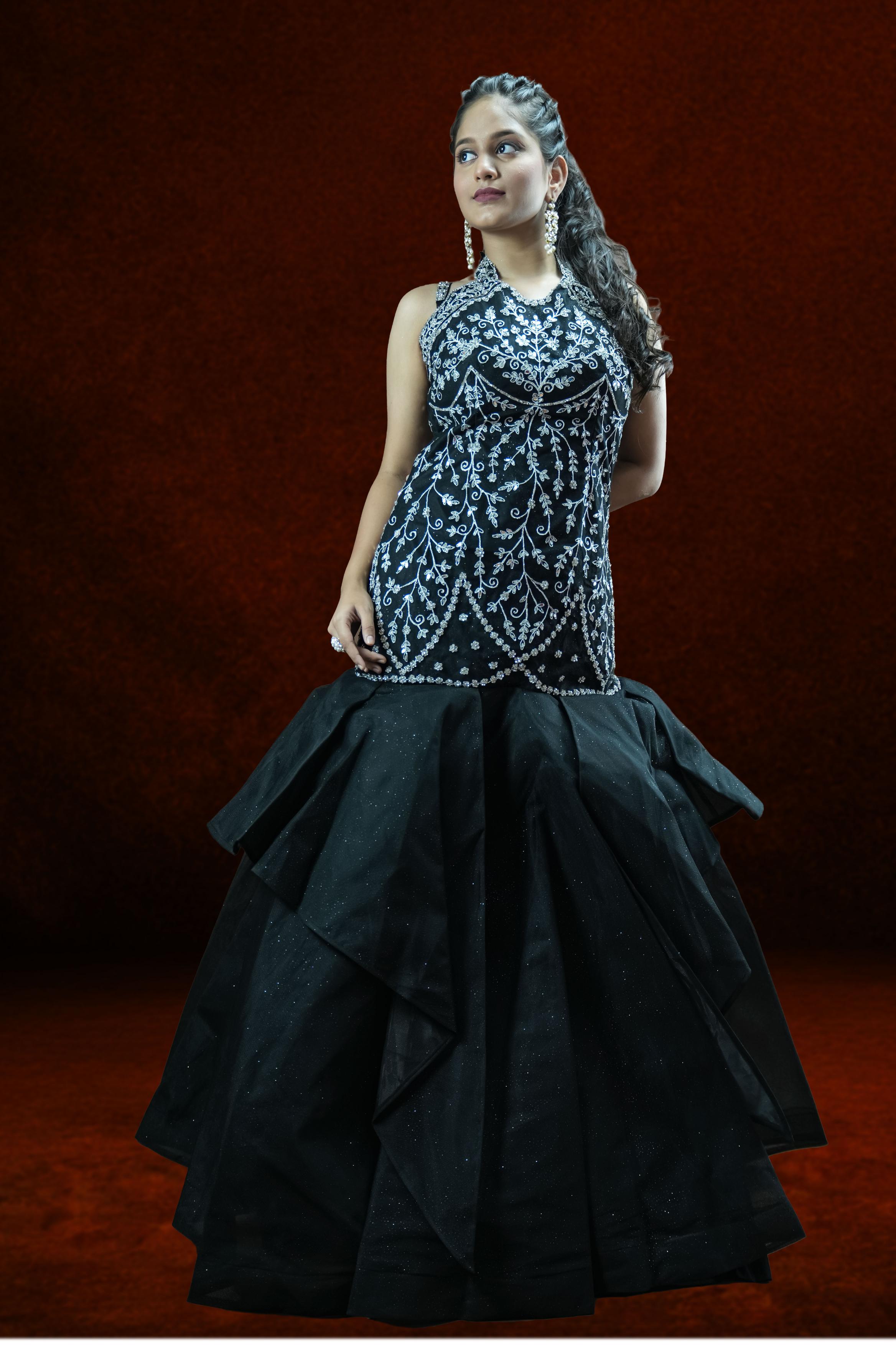 Black Embellished cutdana high mughal jaal cut work Mermaid Gown