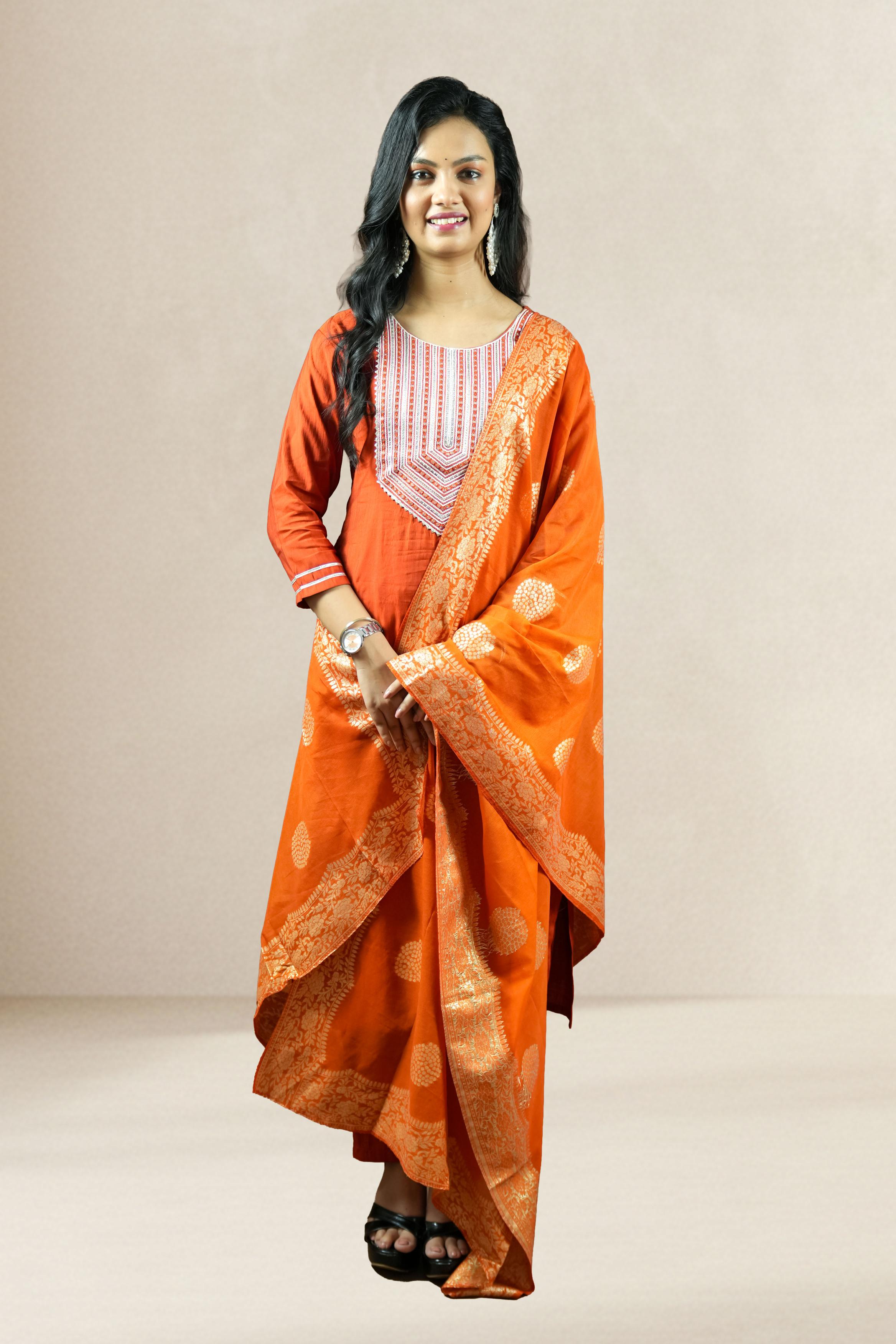 Orange Silk-Blend Salwar Suit Set