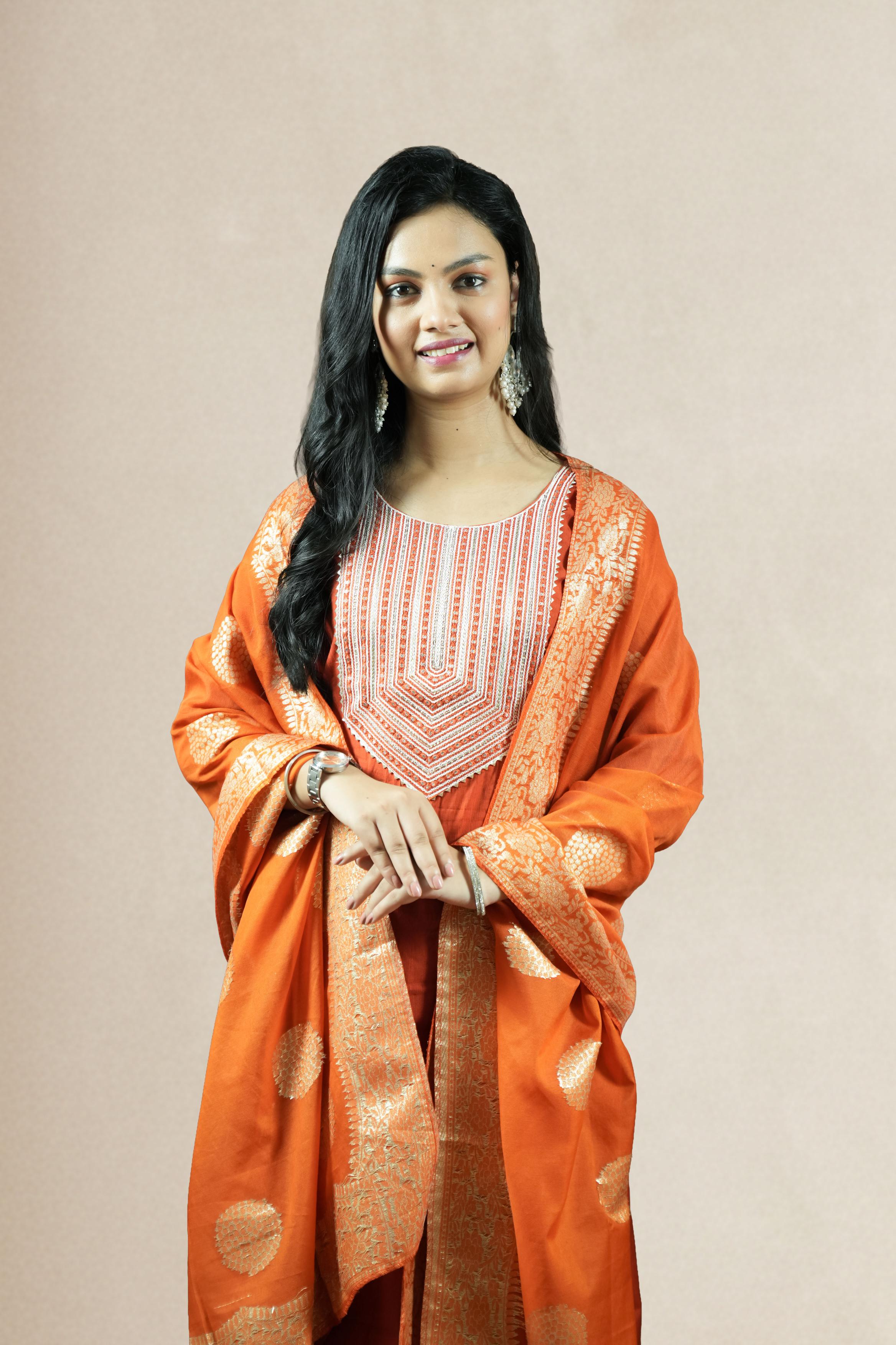 Orange Silk-Blend Salwar Suit Set