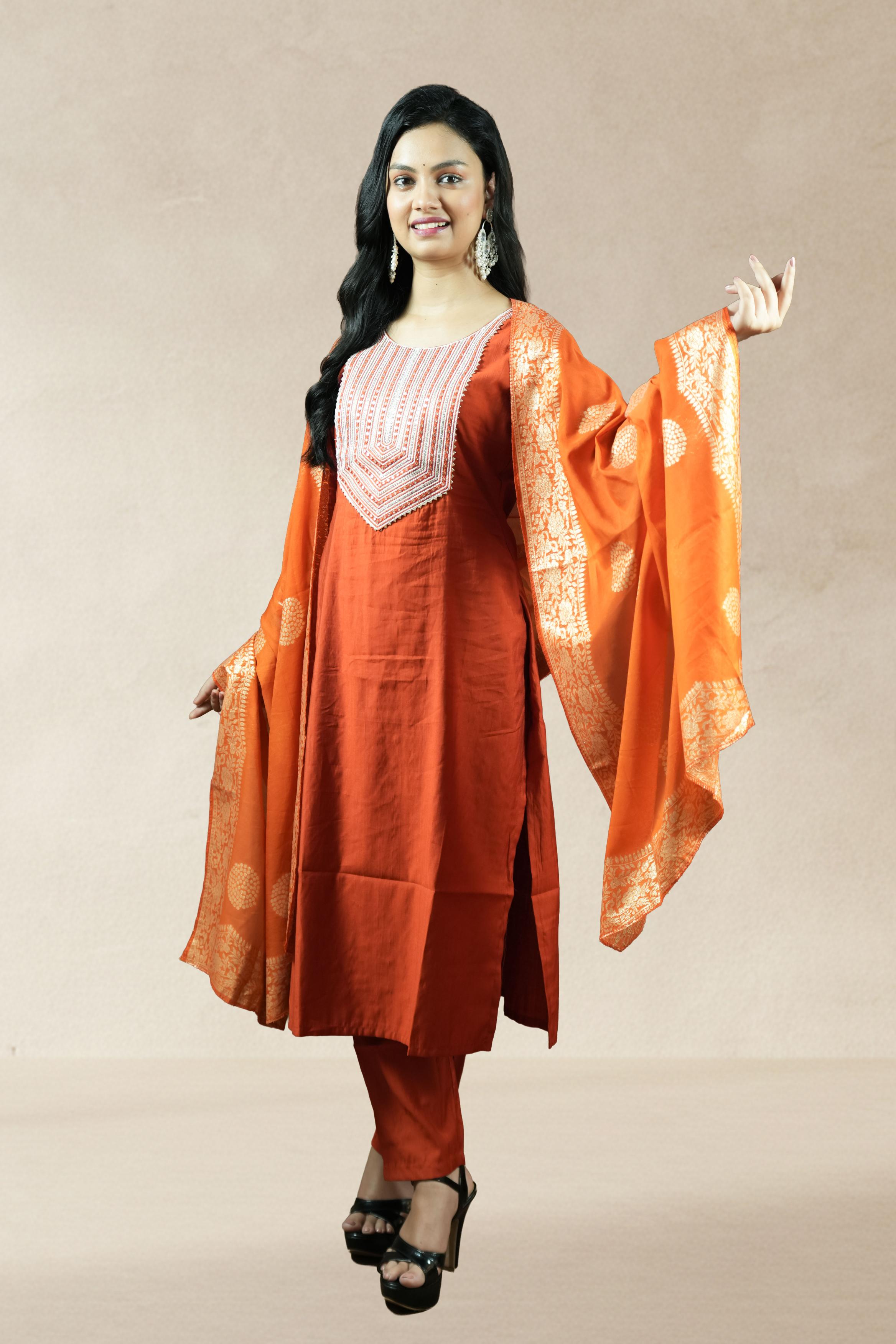 Orange Silk-Blend Salwar Suit Set