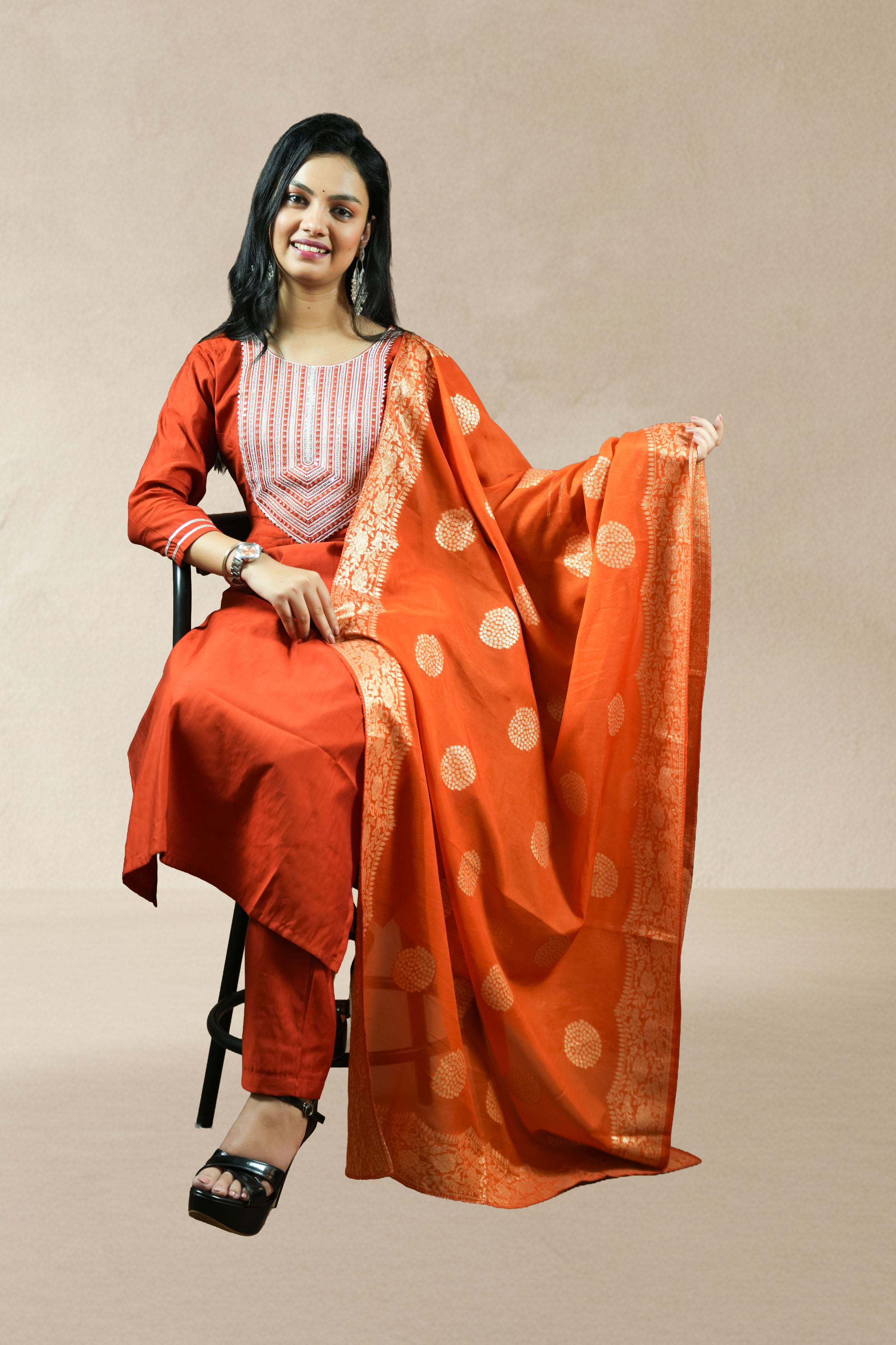Orange Silk-Blend Salwar Suit Set
