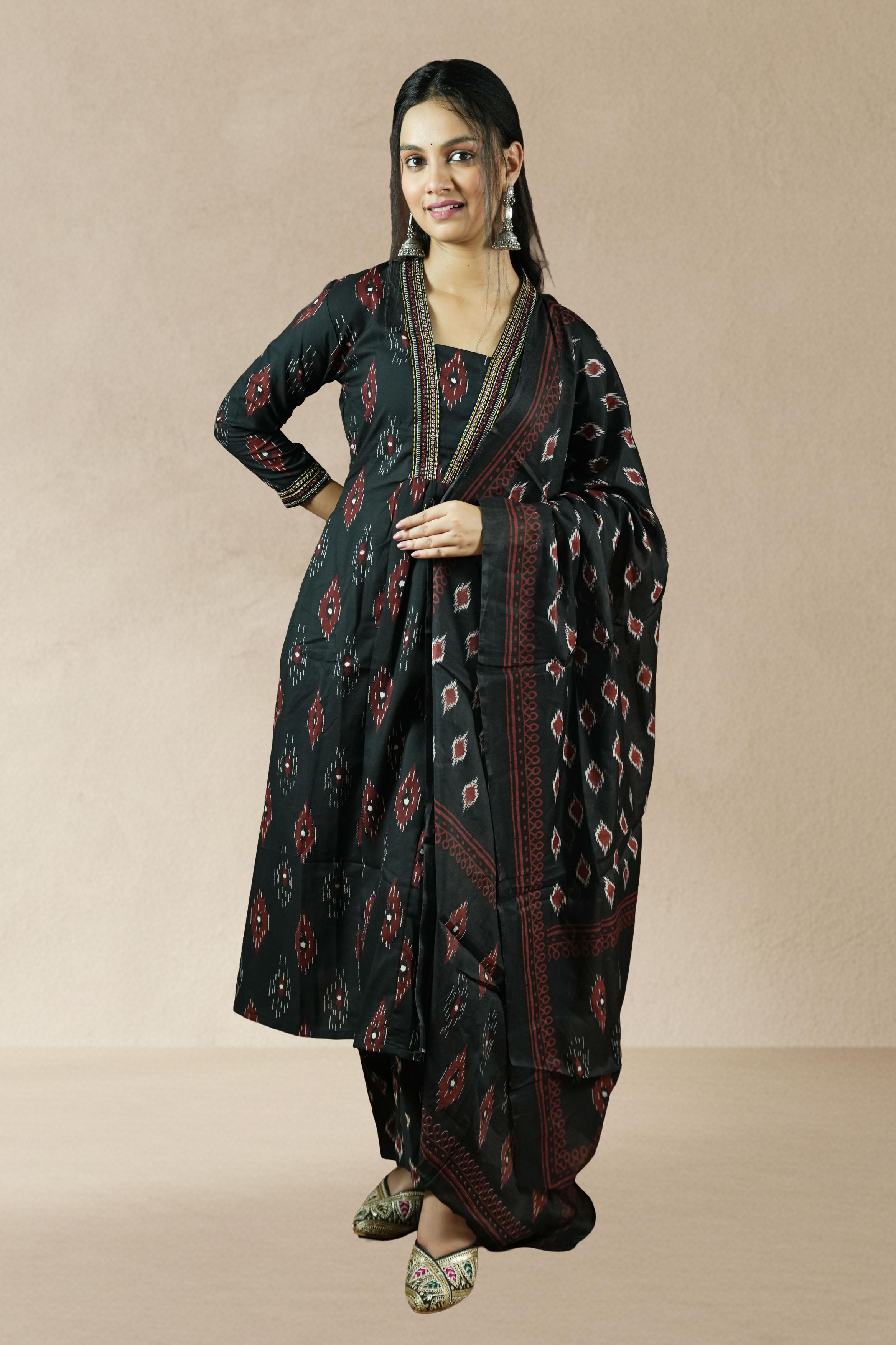 Black with Maroon & White Ikat Motifs