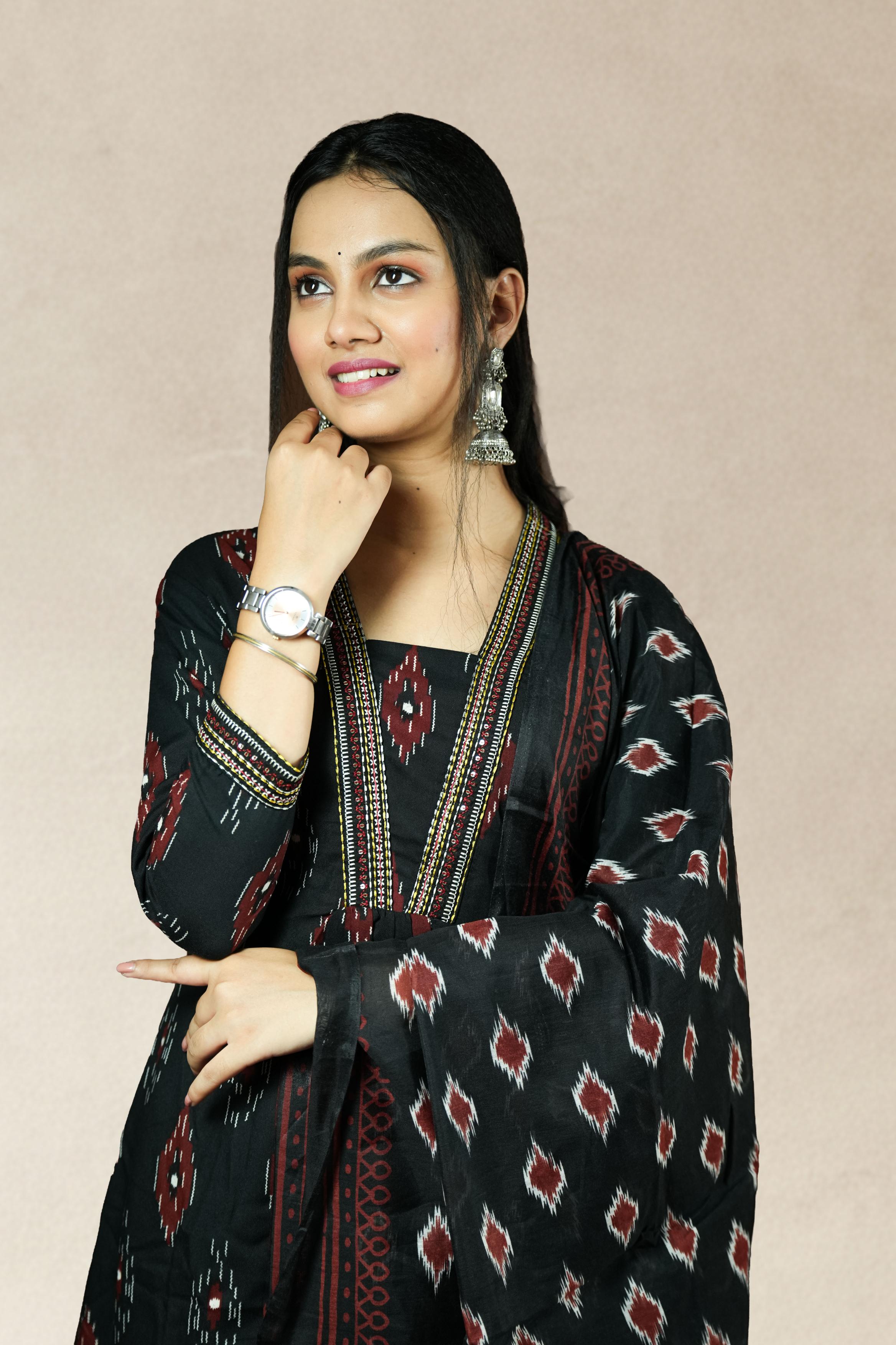 Black with Maroon & White Ikat Motifs