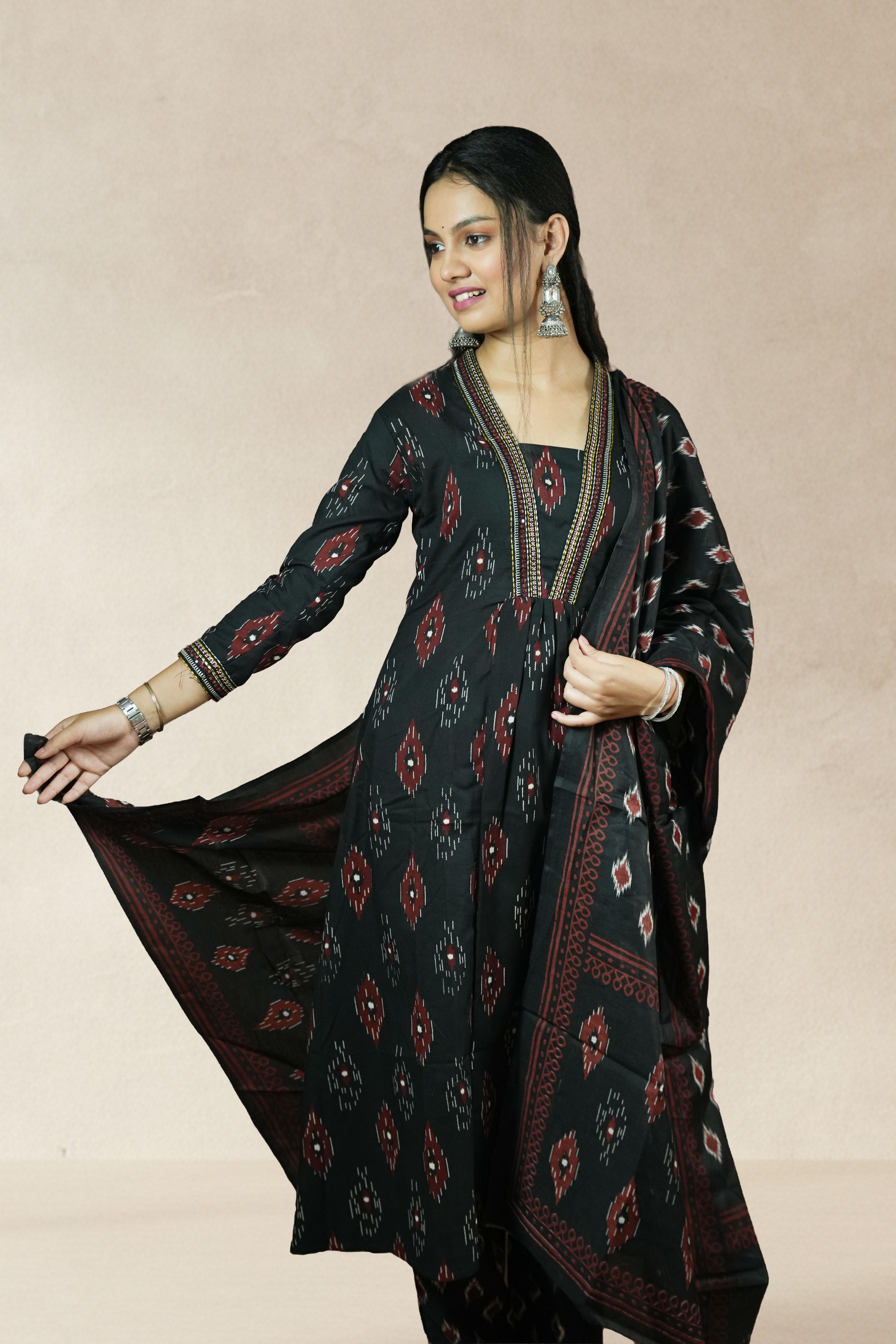 Black with Maroon & White Ikat Motifs