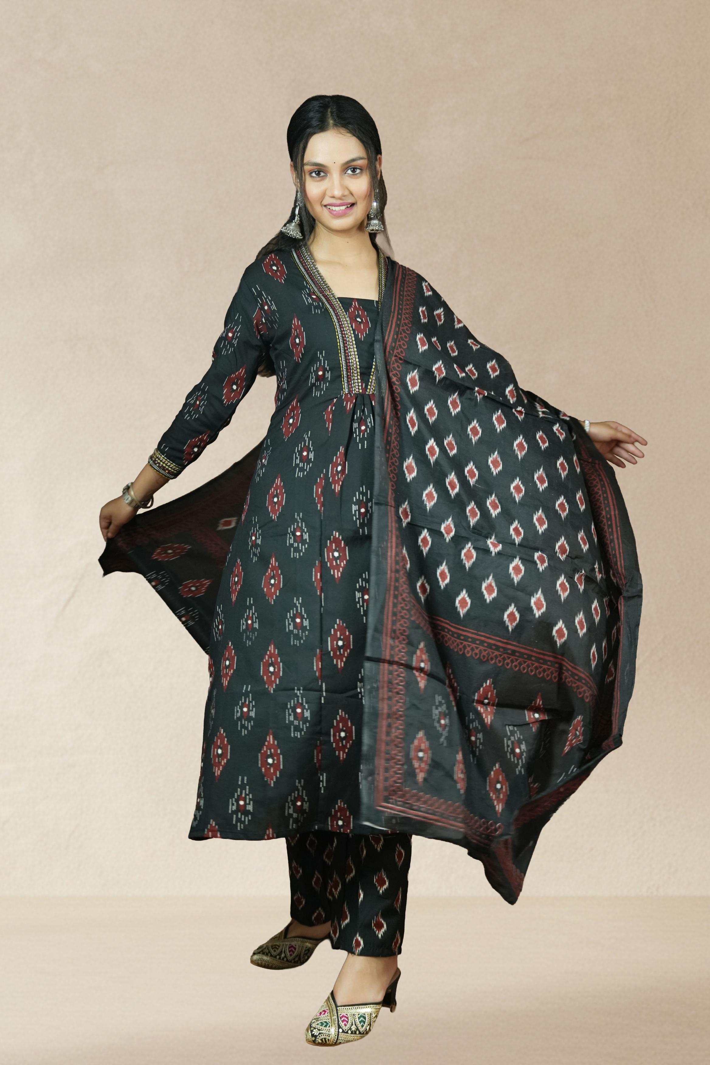 Black with Maroon & White Ikat Motifs