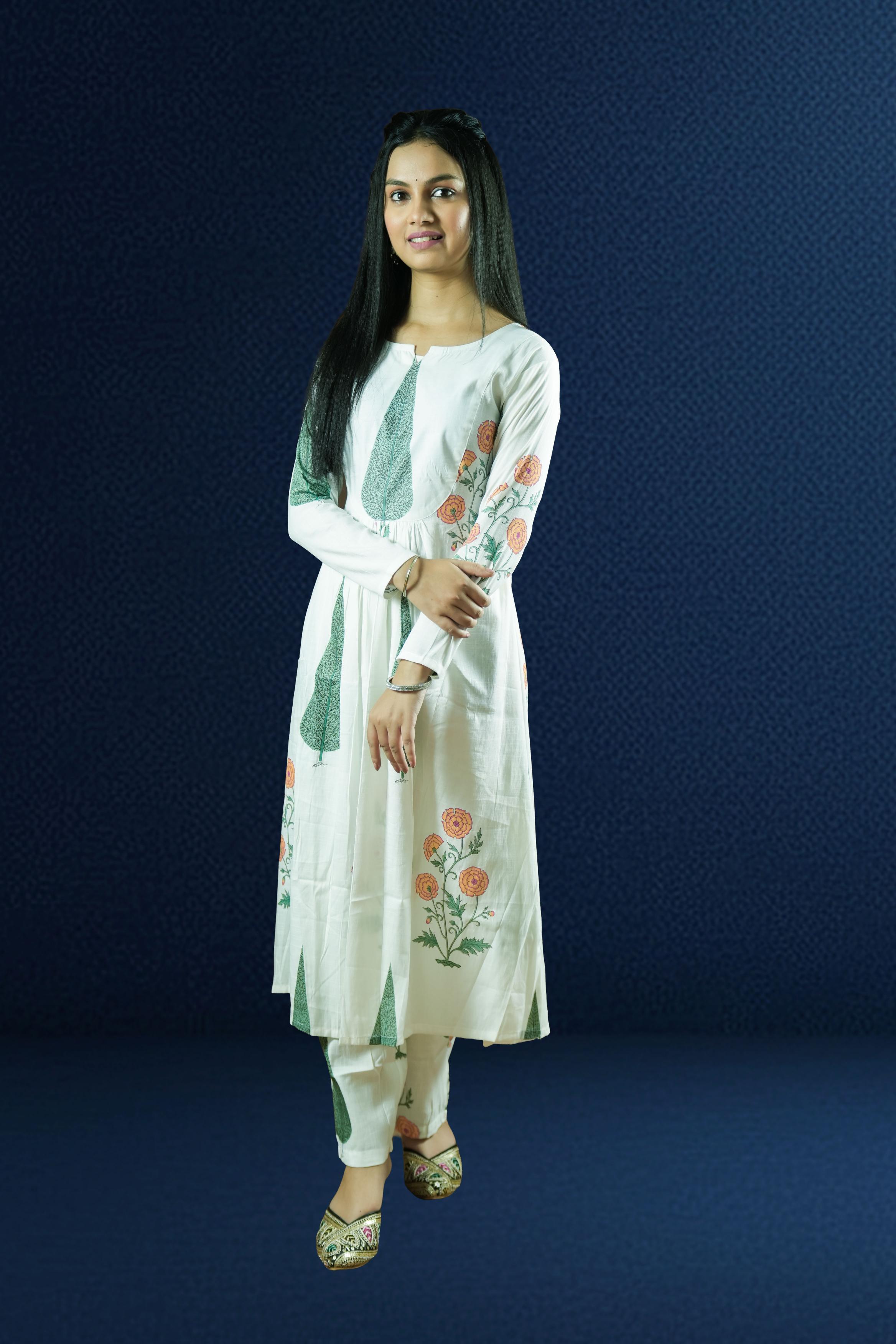White Printed Cotton Suit Set