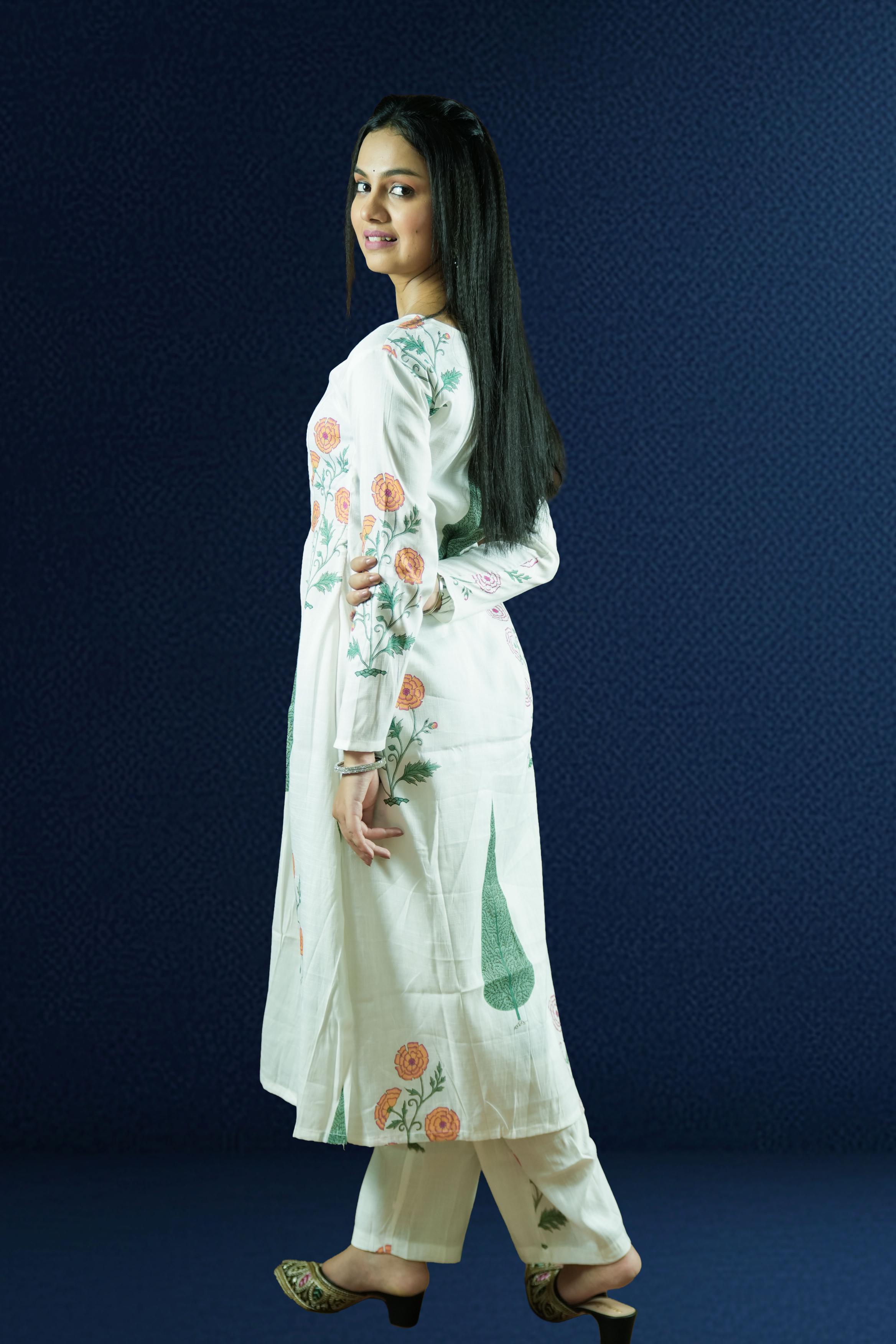 White Printed Cotton Suit Set