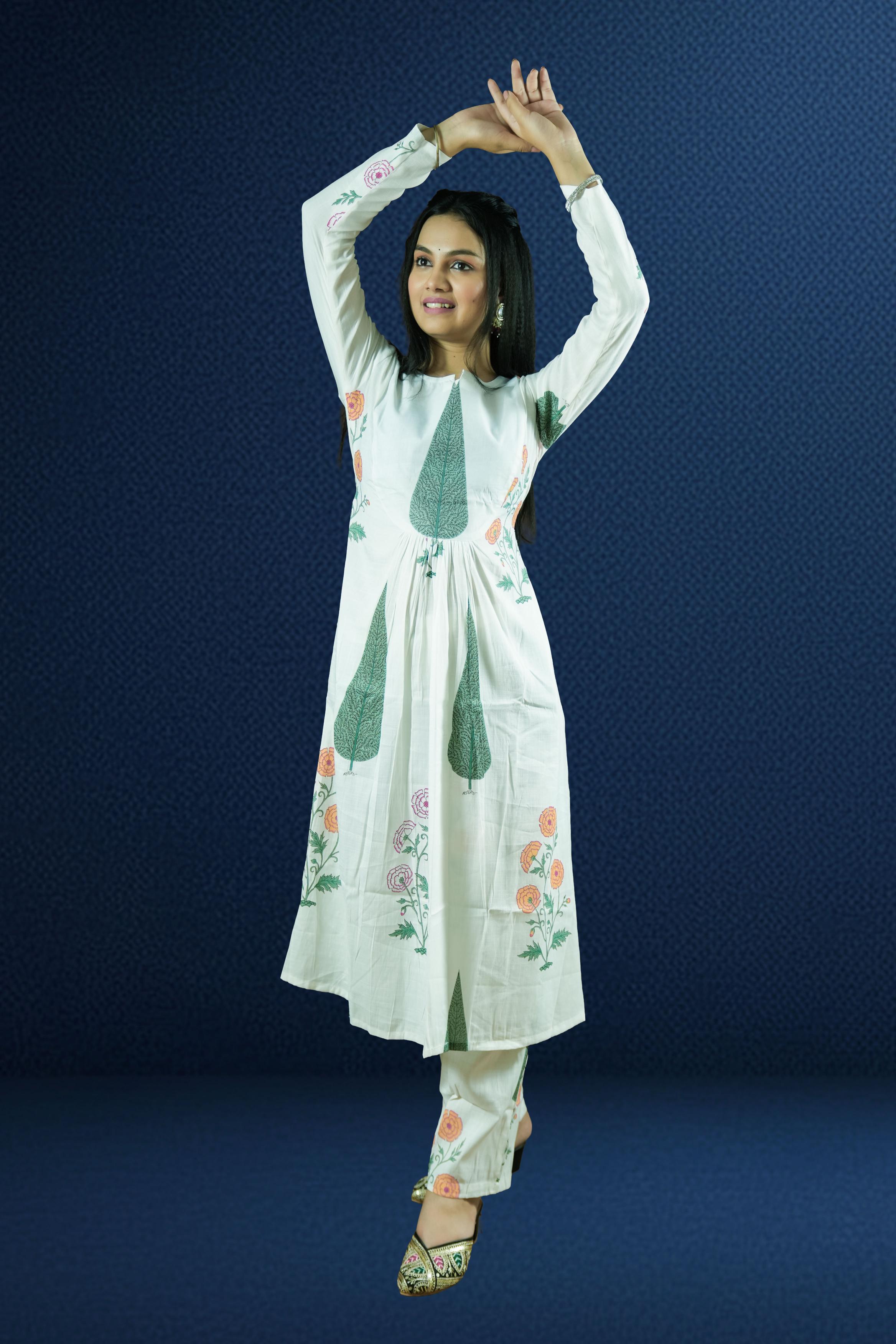 White Printed Cotton Suit Set