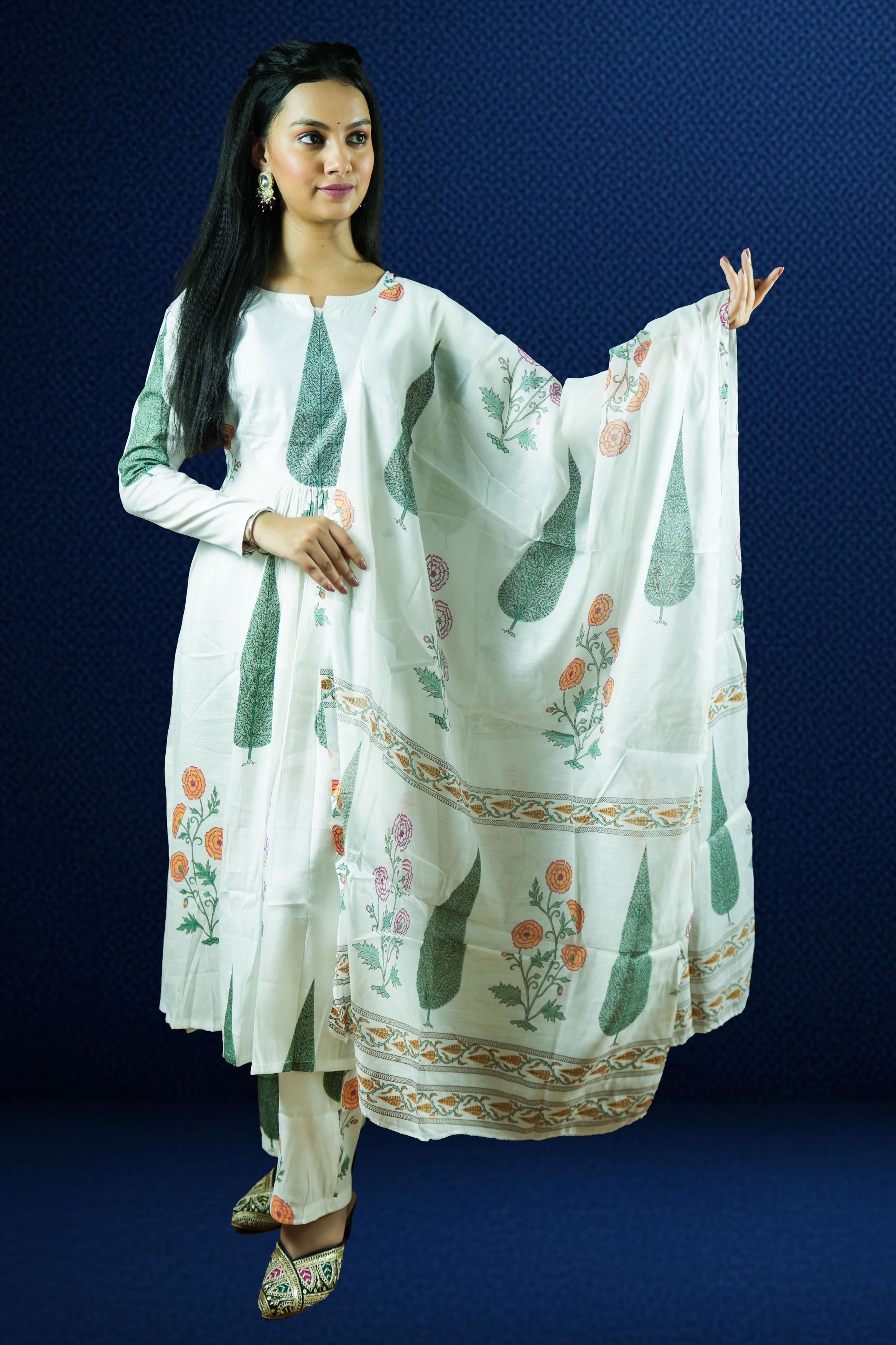 White Printed Cotton Suit Set