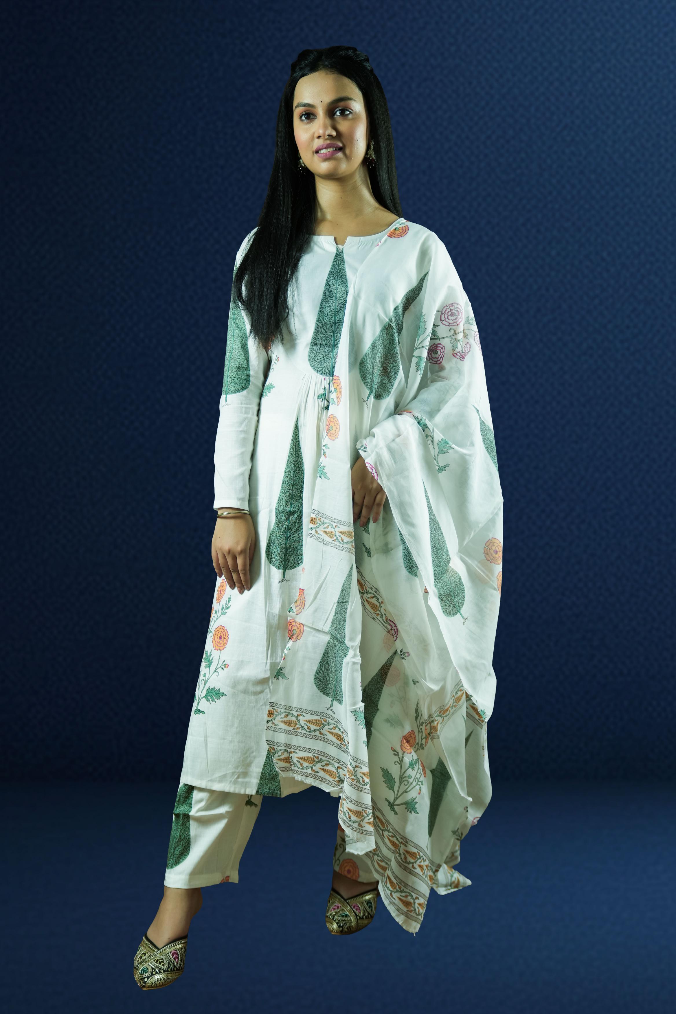 White Printed Cotton Suit Set