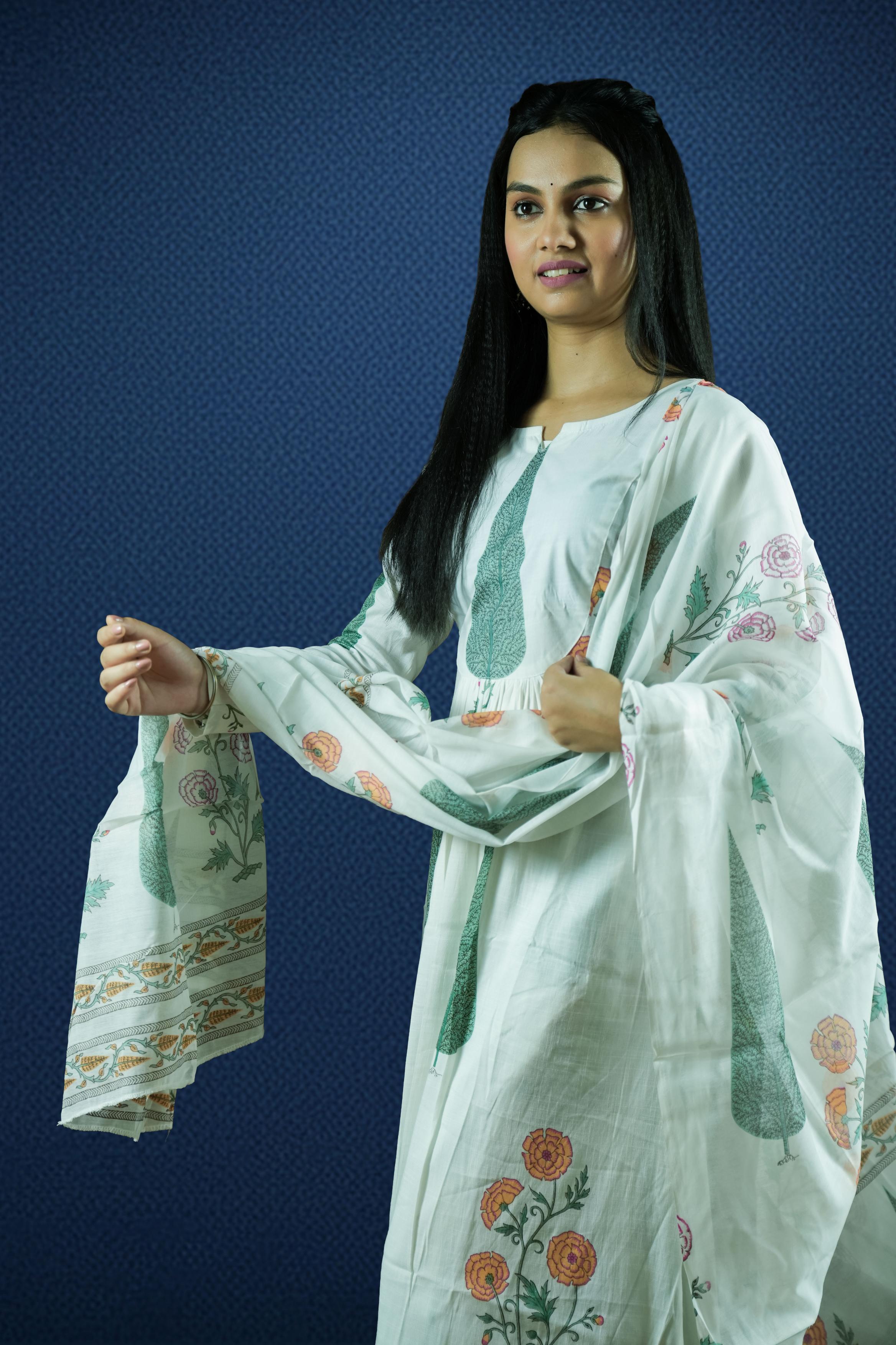 White Printed Cotton Suit Set