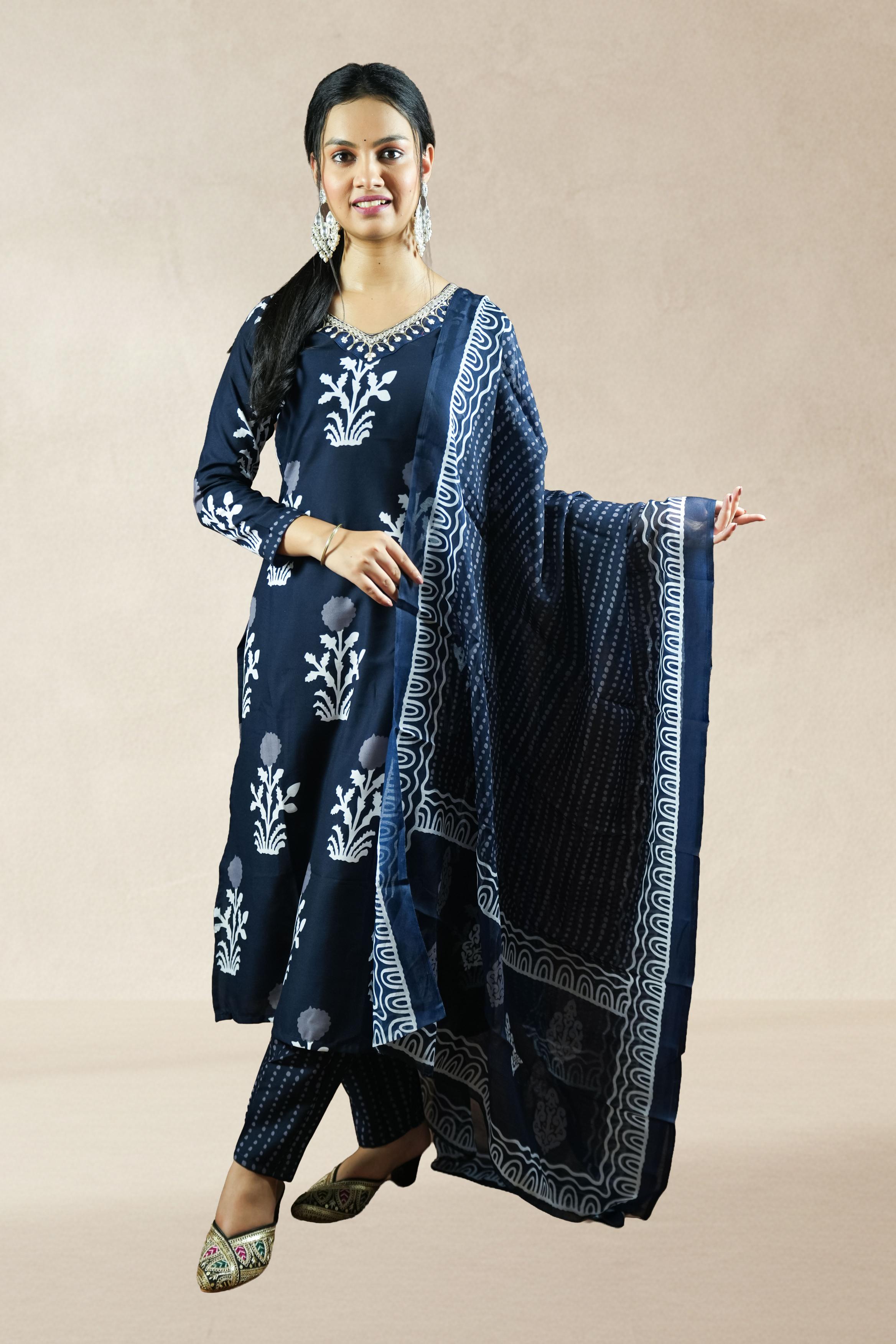 Navy Blue Printed Suit Set