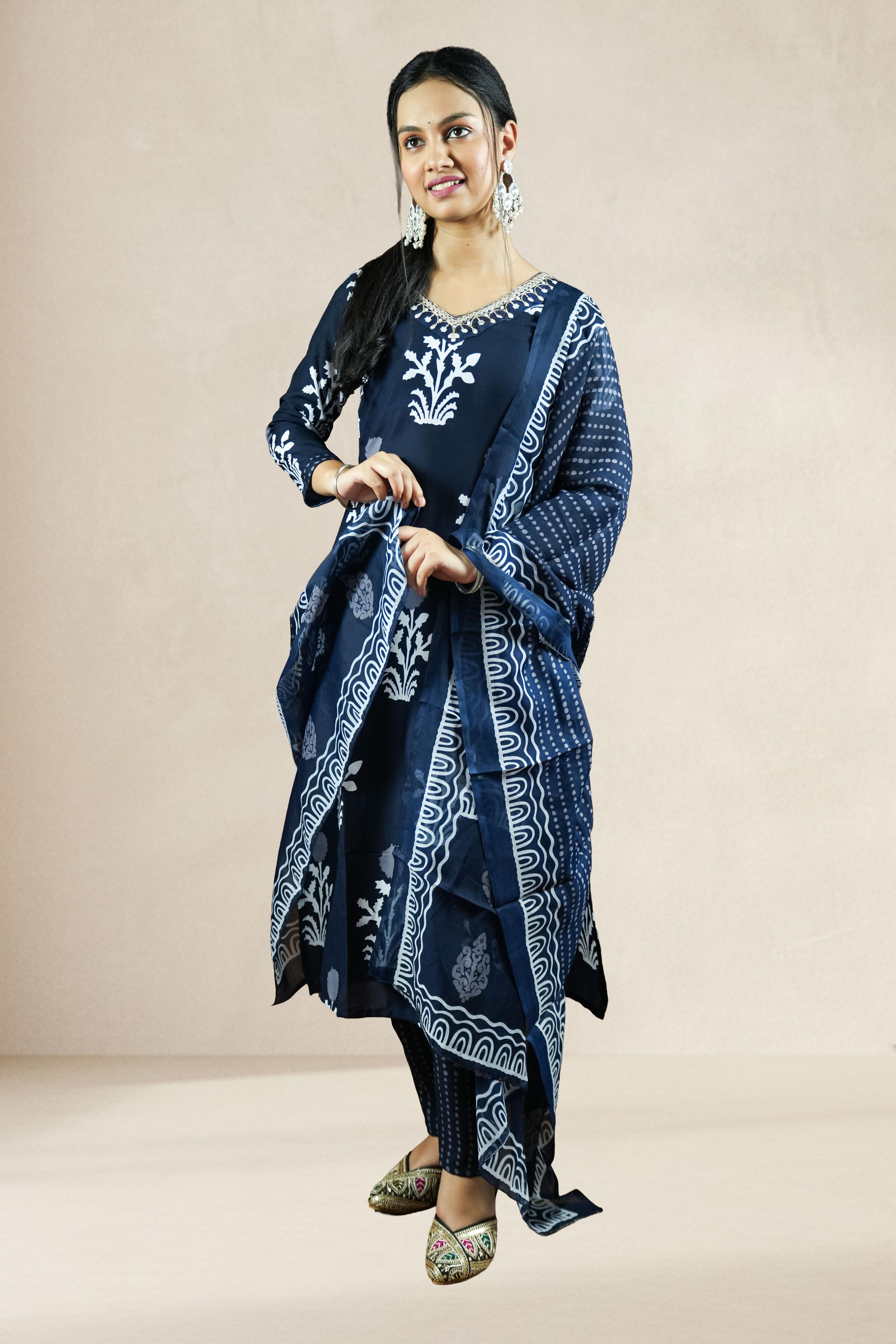 Navy Blue Printed Suit Set