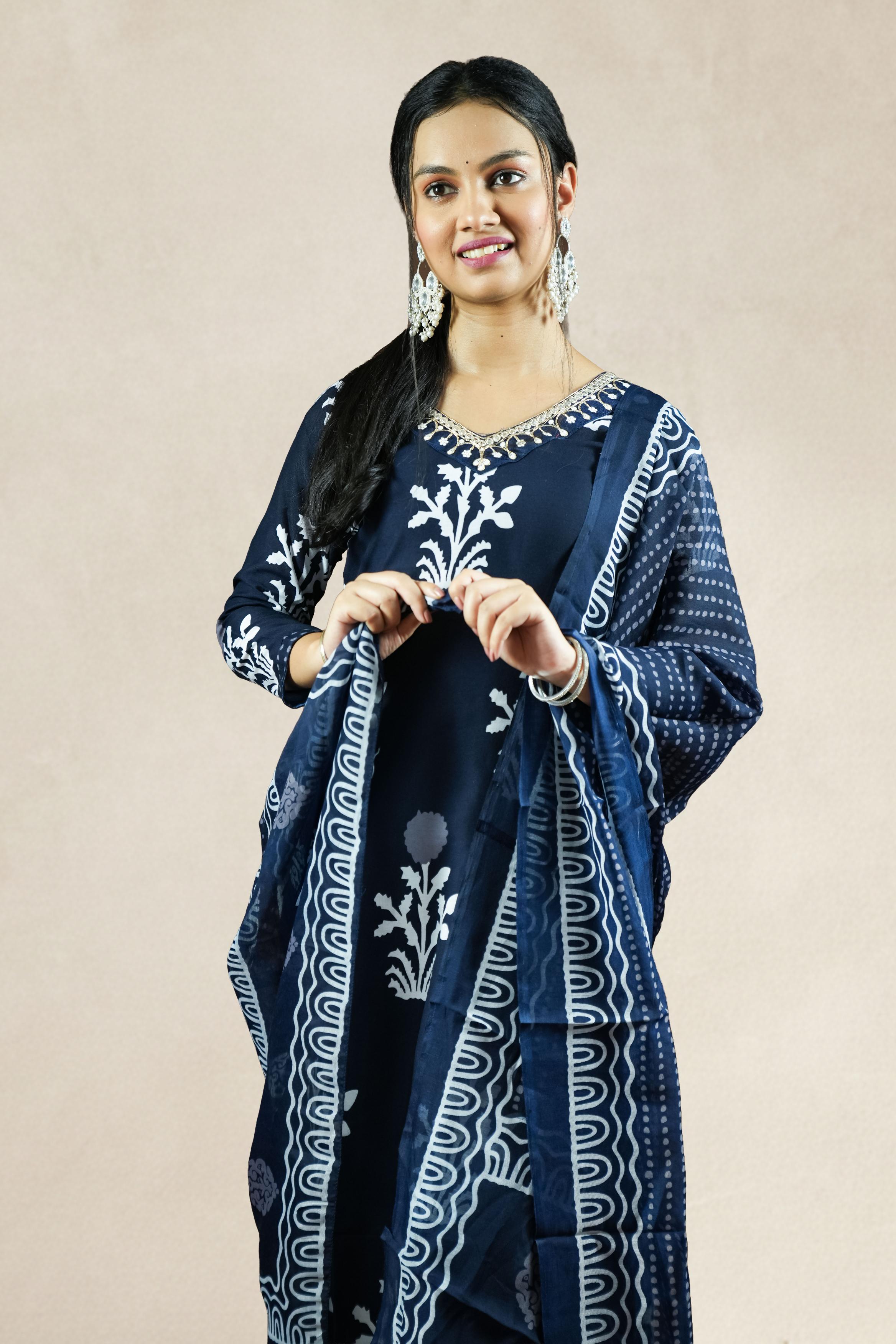 Navy Blue Printed Suit Set