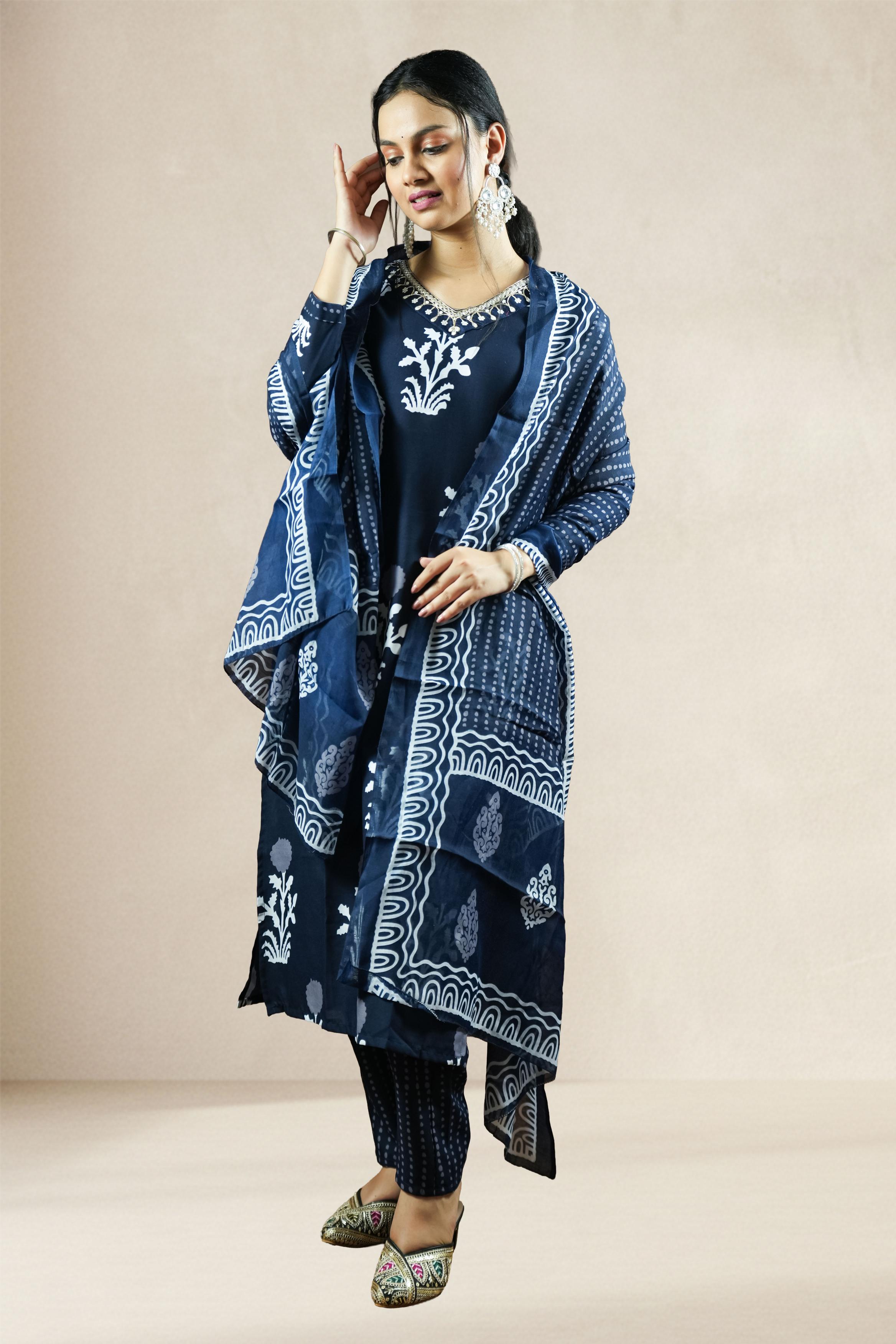 Navy Blue Printed Suit Set