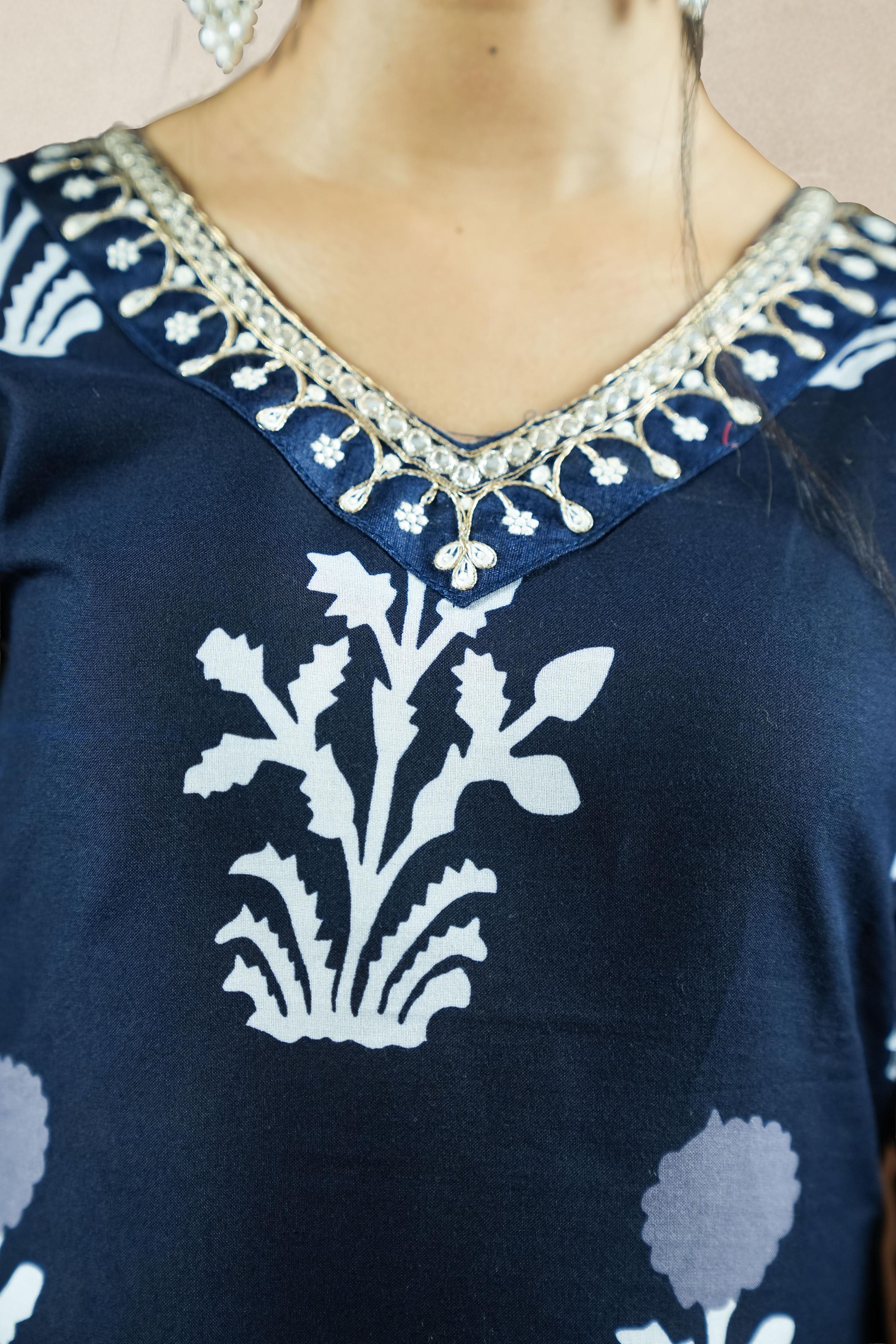 Navy Blue Printed Suit Set